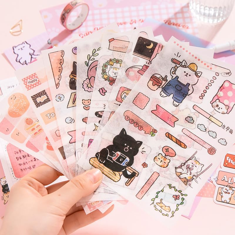 PRSTINCOL Pink Cute Cat Scrapbooking Kit,Kawaii Stationery Scrapbook Supplies Kit with Cat and Dessert Theme for Junk Journal, Bullet A6 Grid Notebook for Adult Teen Girl DIY Gift Kit for Girls image number 6