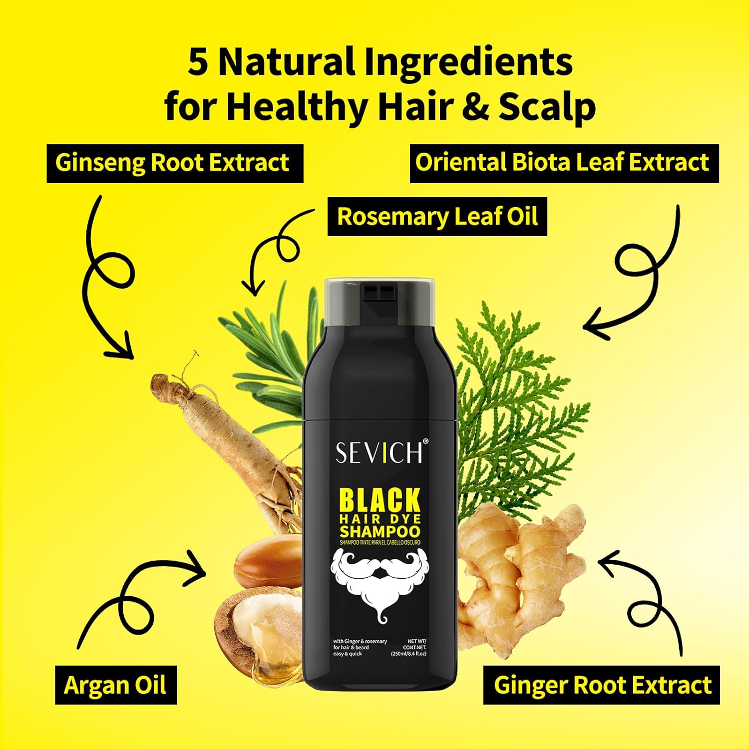 SEVICH Black Hair & Beard Dye Shampoo,Completely Covering the Grey Hair & Beard & Sideburns,5 Hair Care Ingredients in 1Instant Coloring in 15 Minutes,250Ml image number 1