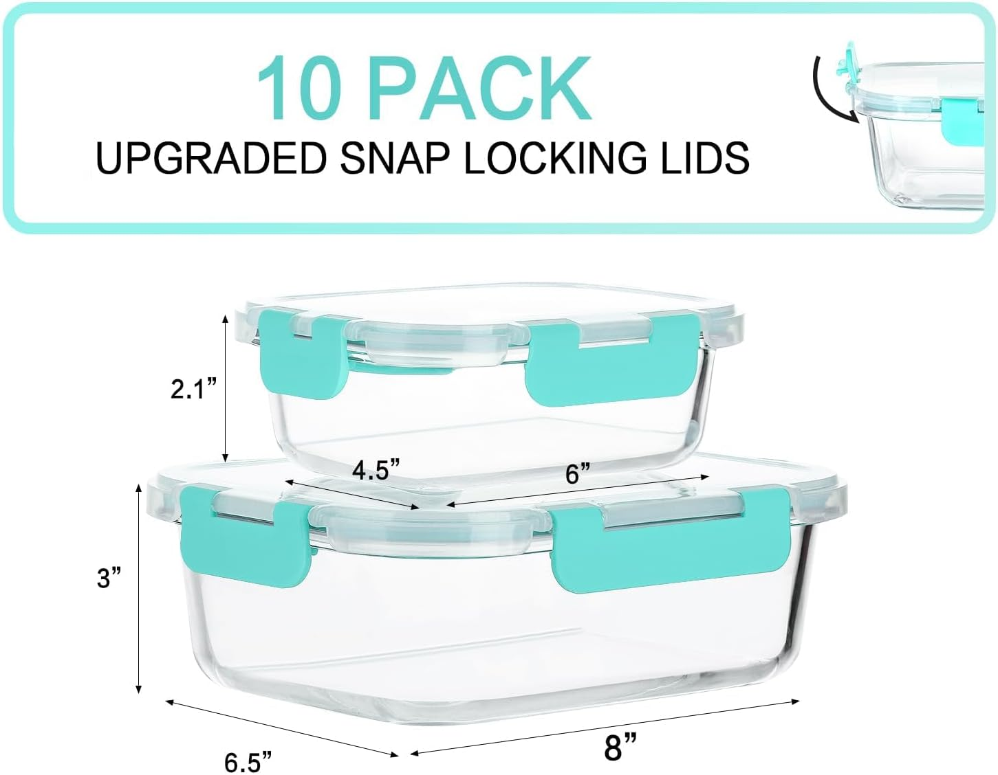 10-Pack Glass Meal Prep Containers with Lids, MOTYYA Food Storage Containers with Snap Locking Lids, Airtight Lunch Containers, Microwave, Oven, Freezer and Dishwasher, Green image number 5