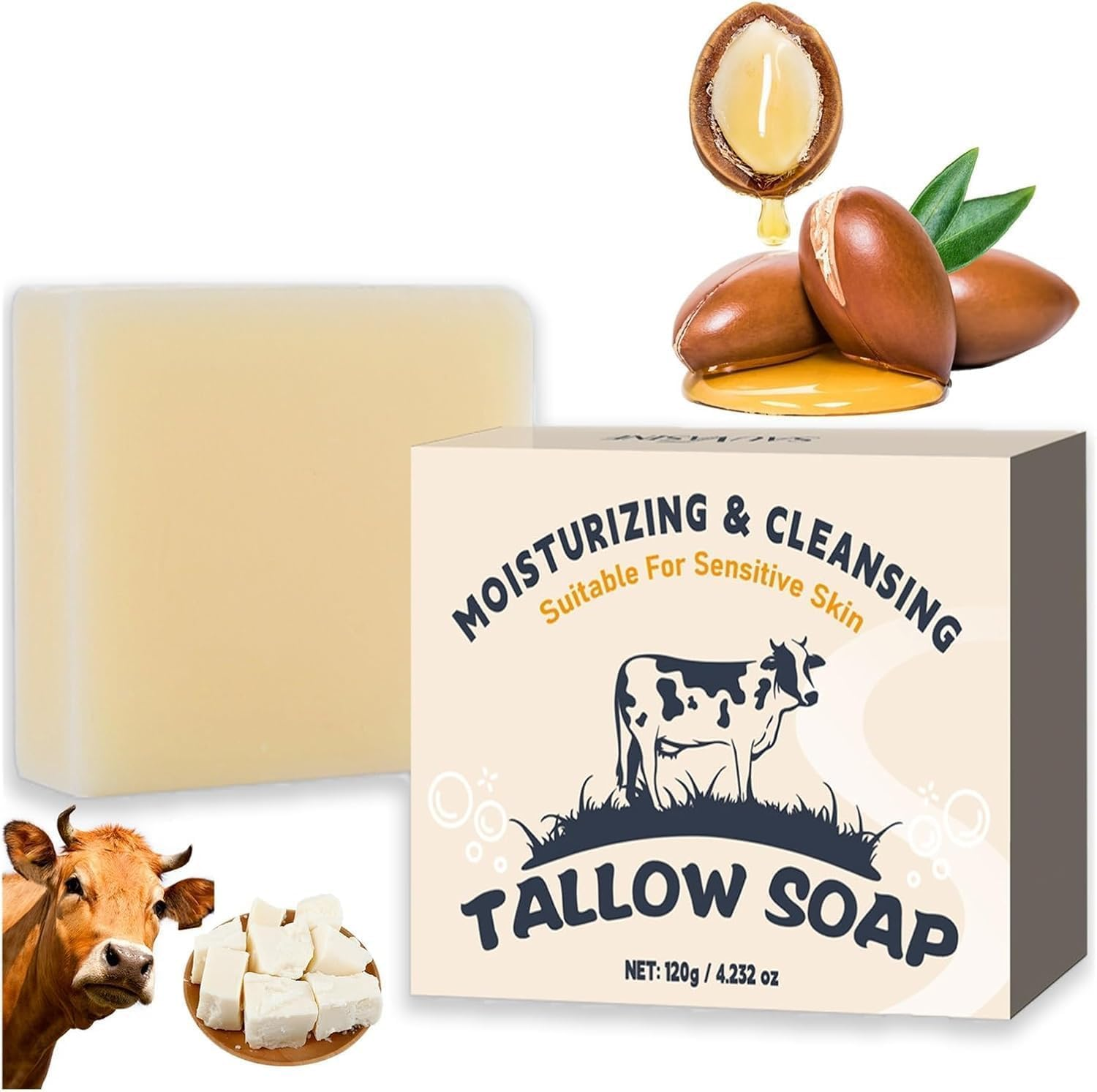 Beef Tallow Soap Bar,Beef Tallow Handmade Bar Soap,Moisturisingtallow Soap Bar, Face and Body Cleansing, Beef Tallow Soapbar for Skin Dry, Itchy, Sensitive,100G image number 2