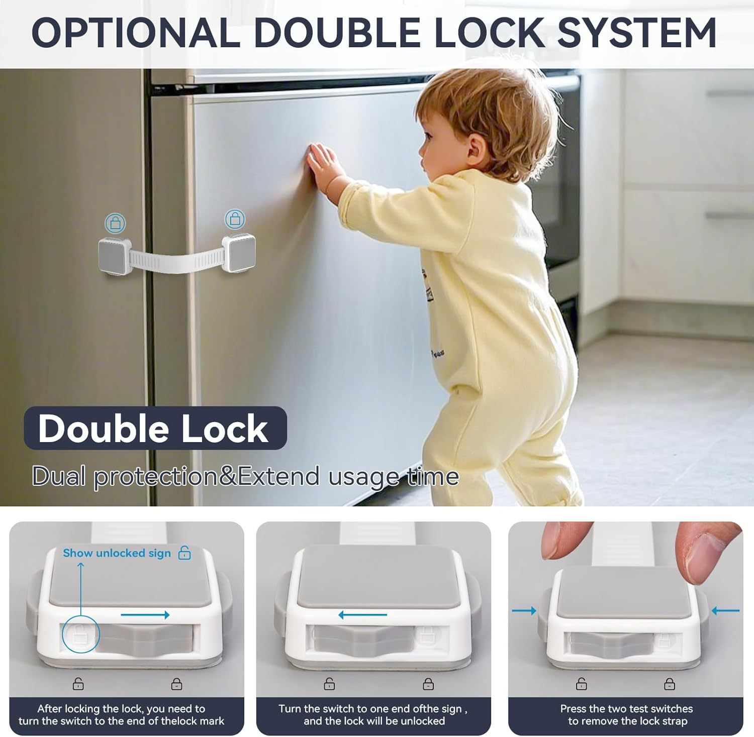 2 Pack Child Safety Cabinet Locks for Baby Proofing, Length Adjustable Latch Straps Dual Button Design for Drawers Fridge Refrigerator Doors Toilet Seat Oven