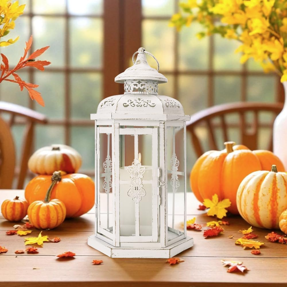 JHY DESIGN Decorative Candle Lantern 10&ldquo;H Vintage Hanging Lantern Metal Candleholder for Indoor Outdoor Events Parities and Weddings (Red with Black Brush)