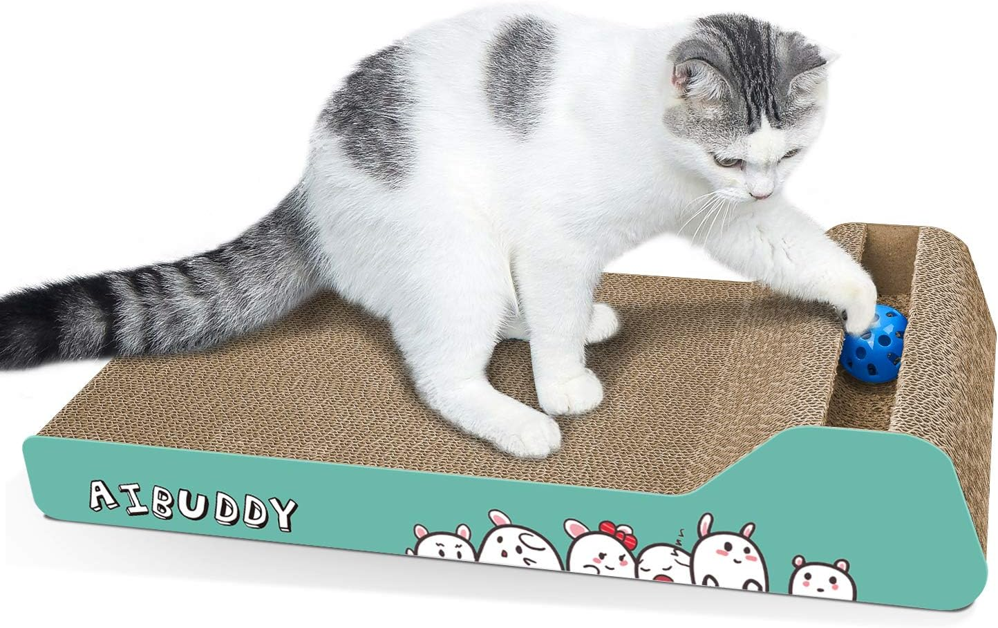 Aibuddy Cat Scratcher, Incline Scratching Pad Reversible Cardboard Lounge Bed with Ball Toy Catnip [ 45X 24 X 8.5 Cm, Superior Cardboard & Construction] image number 3