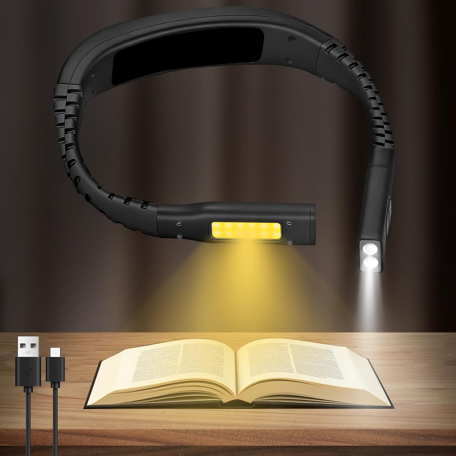HOTUT Reading Lamp Neck, Book Reading Lamp Neck LED Book Lamp with Rechargeable Batteries, Ergonomic Reading Light with 4 Independent Light Sources, Adjusting Arm, Neck LED Book Lamp for Reading