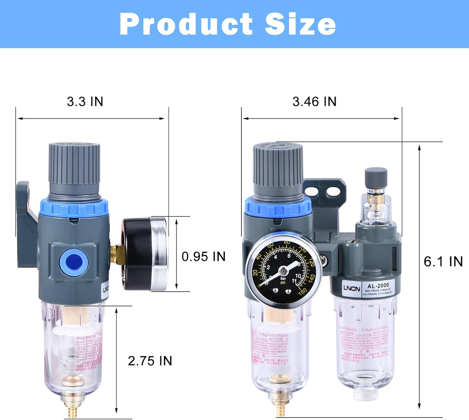 1/4 Inch Compressor Air Filter Pressure Regulator Water-Oil Trap Separator Filter with Lubricator Cup image number 3