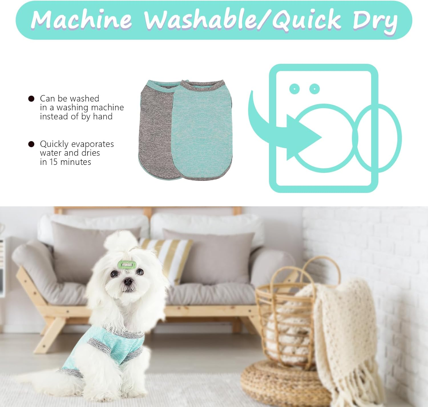 Pack of 2 Dog Shirts for Small Dogs, Summer Dog Shirt, Sleeveless Dog Vest, Soft and Comfortable, Breathable Pet T-Shirt, Suitable for Dogs, Girls, Boys, Grey and Green, S image number 6