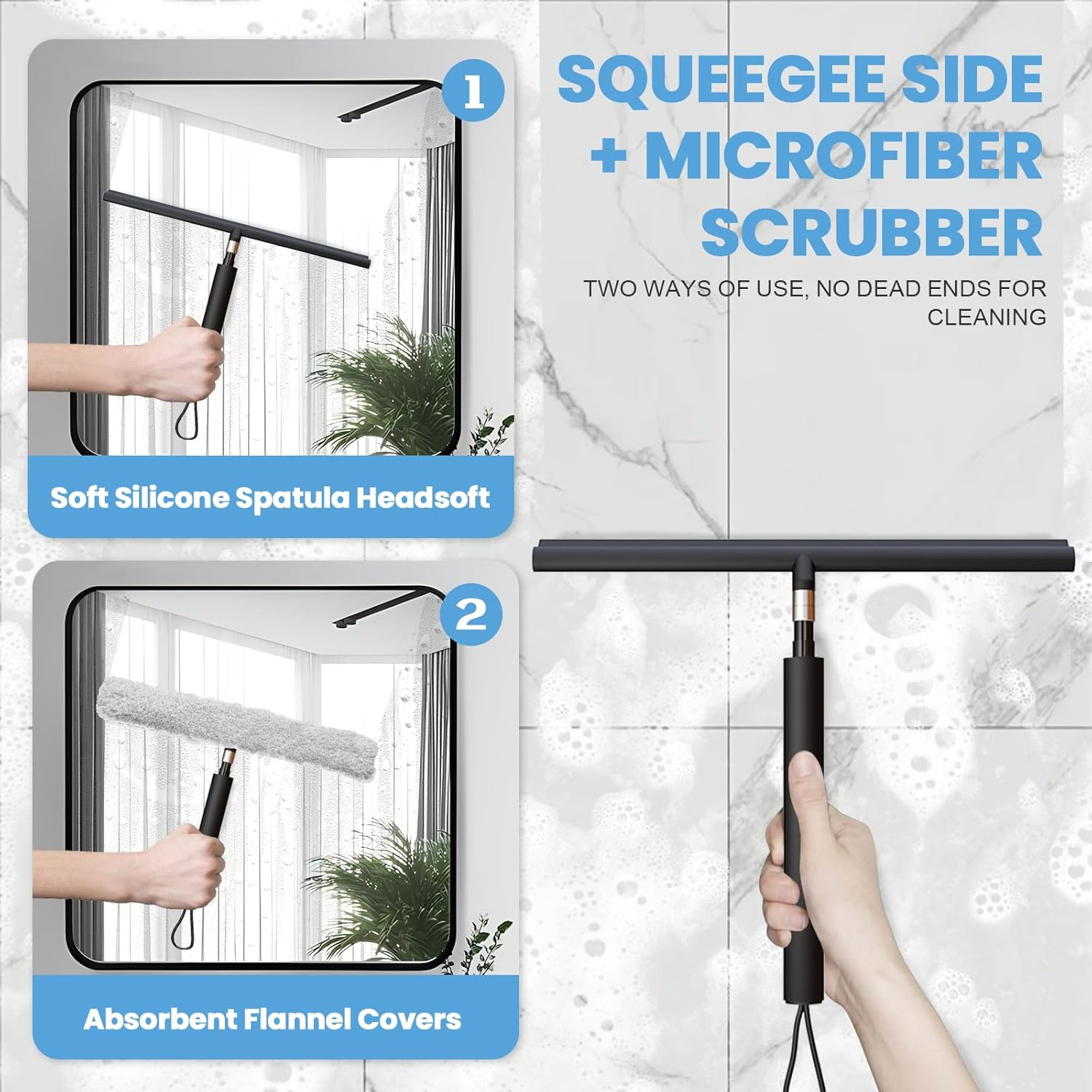 Shower Squeegee Long Handle, Window Wiper and Window Squeegee 2 in 1, Squeegee Shower Floor, 120 Cm Telescopic Rod, Water Pusher, Floor Squeegee, Window Cleaning Set, Glass Wiper for Shower (Black) image number 4