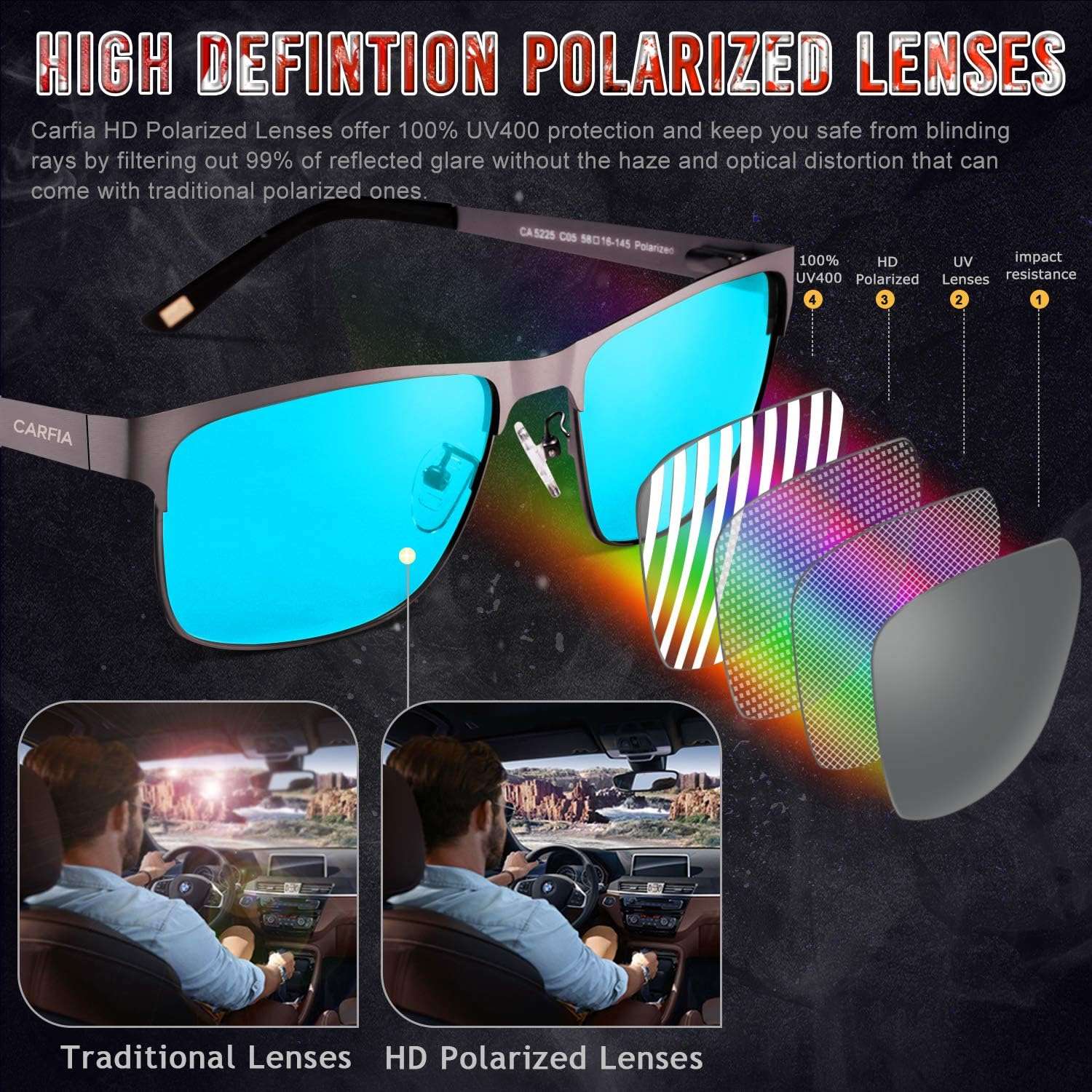 CARFIA Metal Mens Sunglasses Polarized UV400 Protection for Driving Fishing Hiking Golf Everyday Use CA5225 image number 1