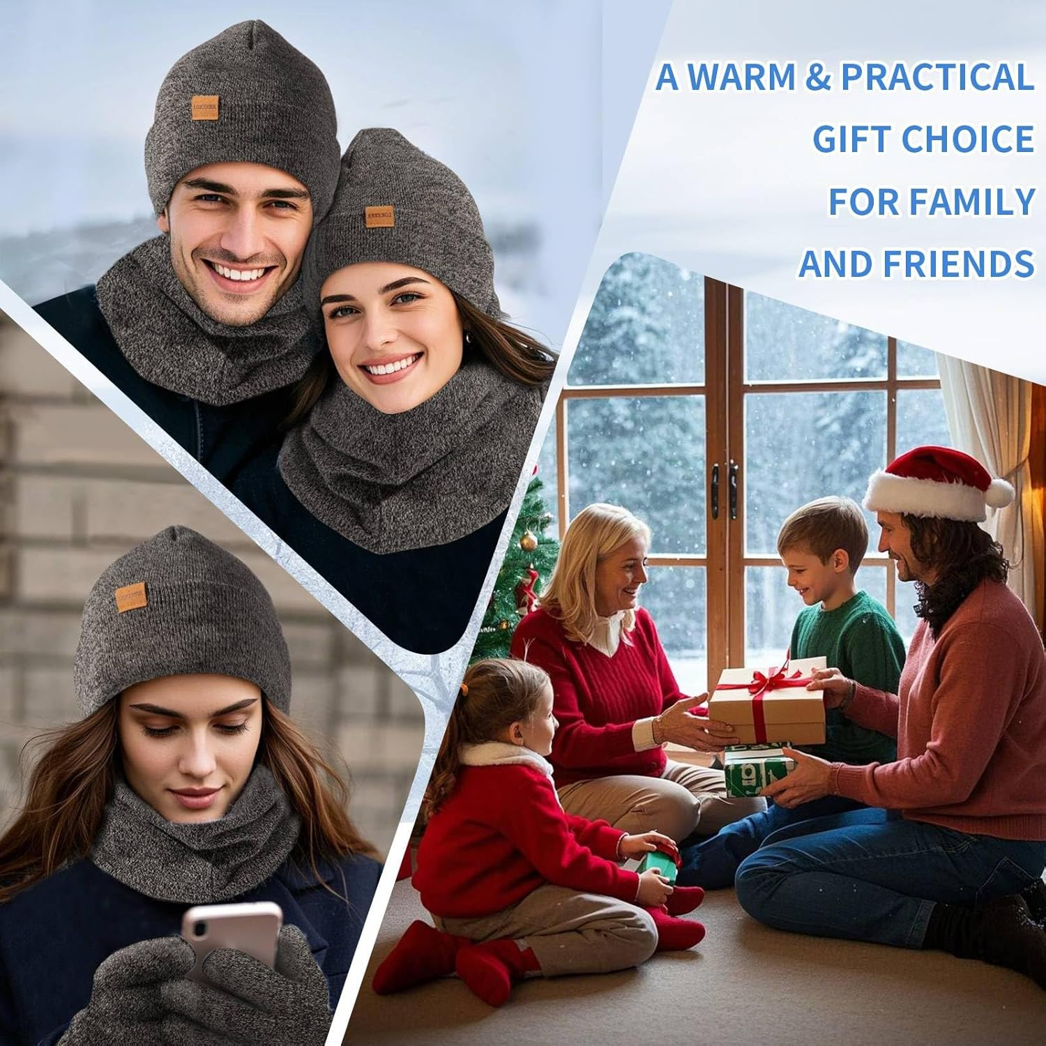 LOKZEER Winter Beanie Gloves Scarf Set: Men Women Warm Hat Scarves with Thermal Wool Lining. Knit Beanies Neck Warmer and Touchscreen Gloves 3 in 1 (One Size) - Grey image number 2