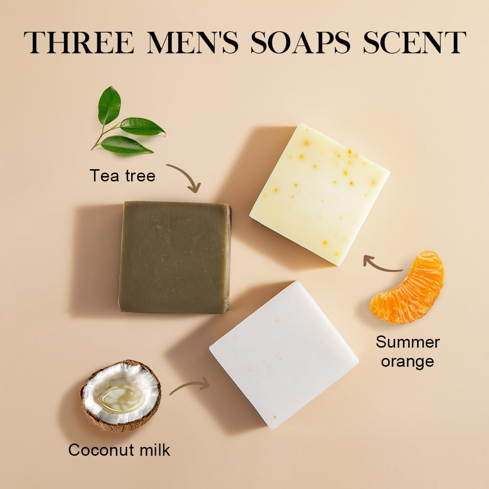 Natural Bar Soap for Men - 5Oz X 3 Bars Variety Pack, Men'S Bar Soap Made from Natural Oils, Acne Relief & Skin Cleansing - Australian Tea Tree, Summer Orange, Coconut Milk image number 1