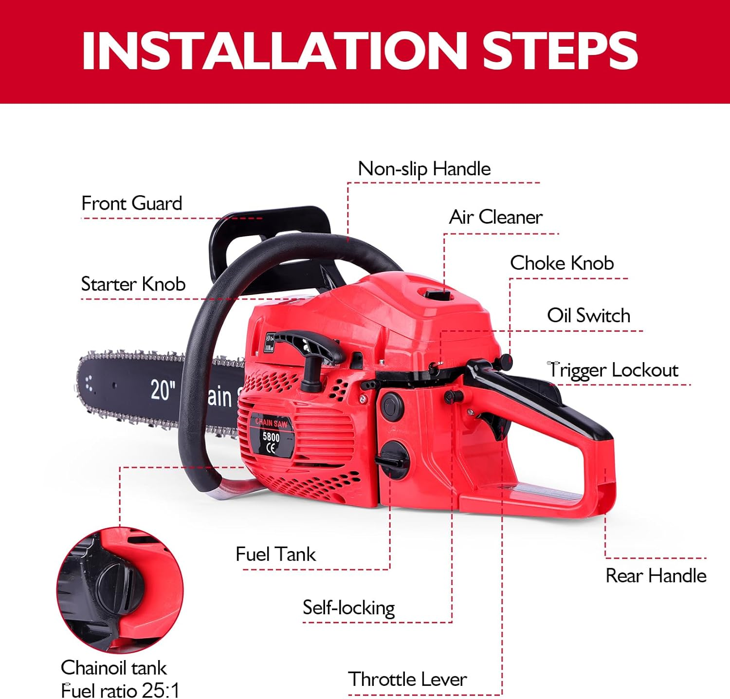 58CC Gas Chainsaw, 20 Inch Power Chain Saw, 2200W 2-Cycle Handed Petrol Chainsaws Gasoline Chainsaws Garden Tool for Cutting Trees, Wood, Outdoor Home Garden and Farm Use