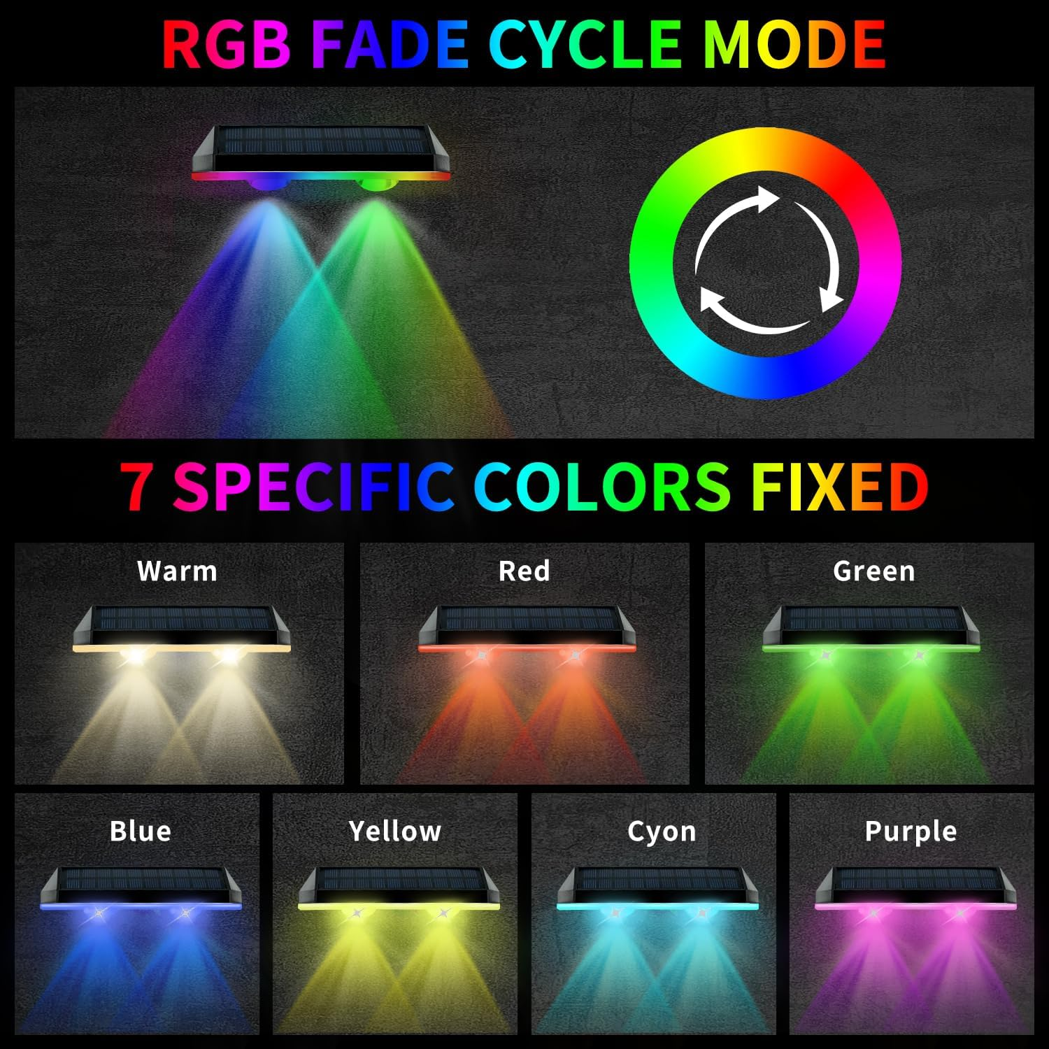 Solar Fence Lights Outdoor Garden, 8 Modes Solar Wall Lights Warm White & RGB Colors Waterproof Solar Lights for Outside, Backyard, Patio, Deck, Stair, Step, Railing (6 Pack) image number 5