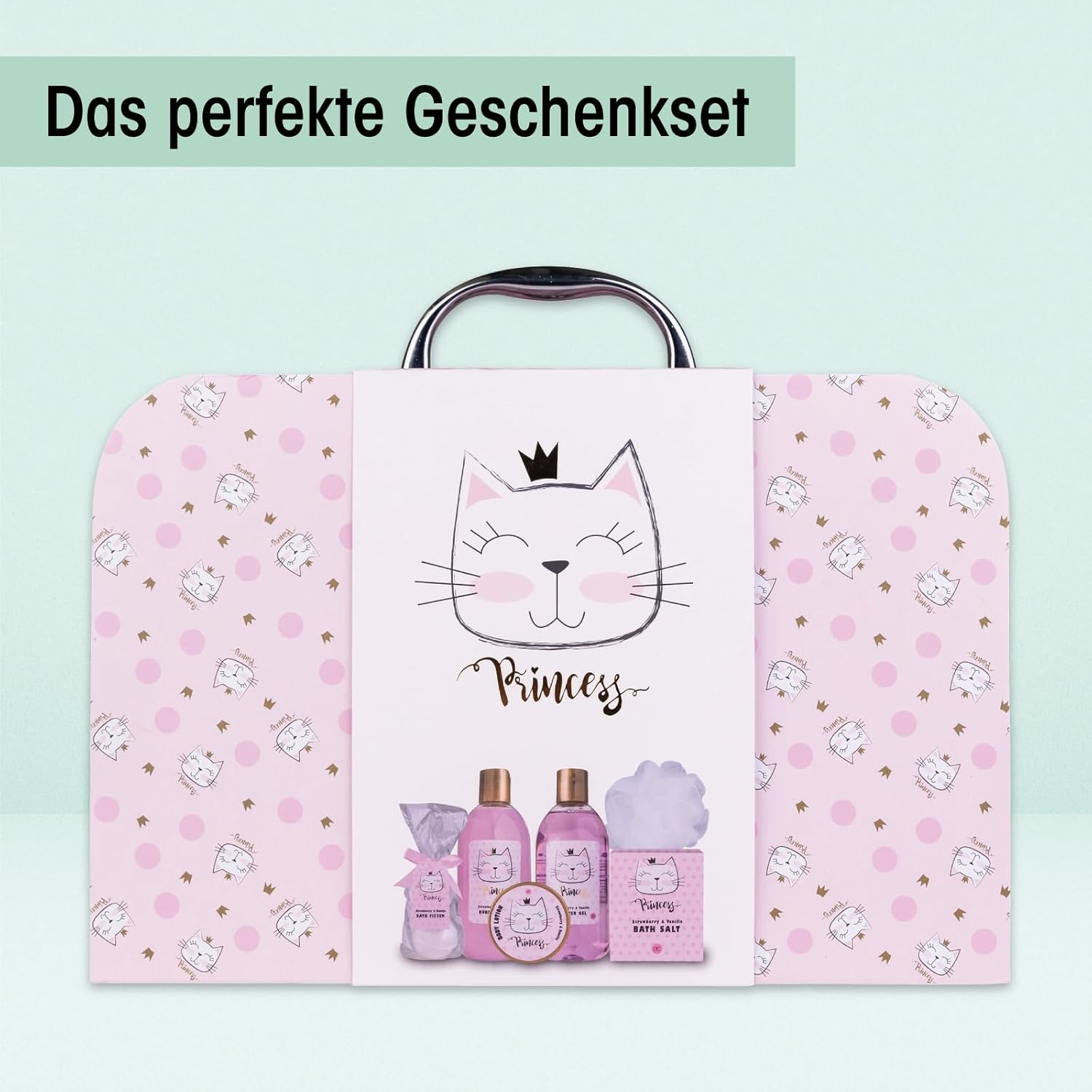 Accentra Princess Kitty Gift Set for Girls & Women - 7-Piece Shower Set with Bubble Bath, Bath Bombs, Shower Gel, Body Lotion & More - Care Set with Strawberry & Vanilla Fragrance in Cute Paper Case image number 2