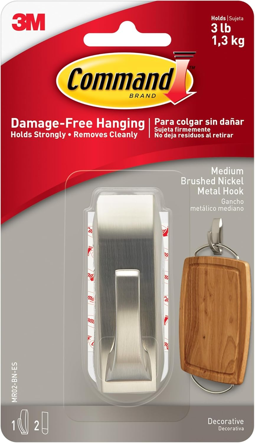 Command Modern Reflections Metal Hook, Medium, Brushed Nickel, 1-Hook (MR02-BN-ES)