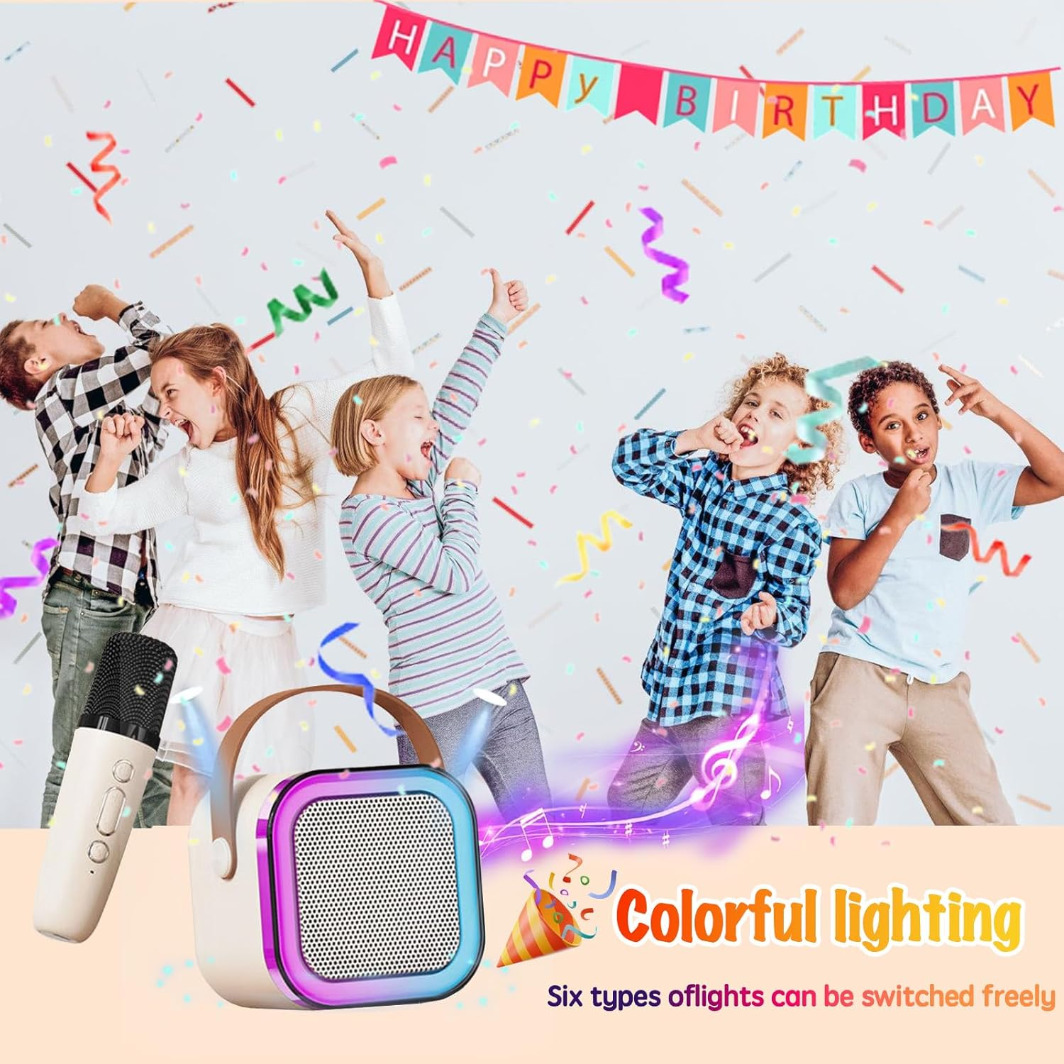 Karaoke Machine for Kids,Portable Bluetooth Speaker with 2 Wireless Microphones, Mini Bluetooth Speaker for Adullts and Kids,Birthday Gifts for Girls Boys Home Party (Beige) image number 5