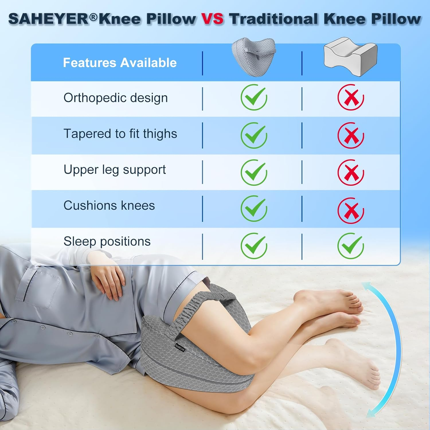 Knee Pillow, Soft Memory Foam Leg Pillows, Cool Ice Silk Hip Support Pillow for Side Sleeper, Body Pillow for Spine Alignment, Sciatica Relief, Post Injury Recovery - with Adjustable Strap (Grey) image number 2
