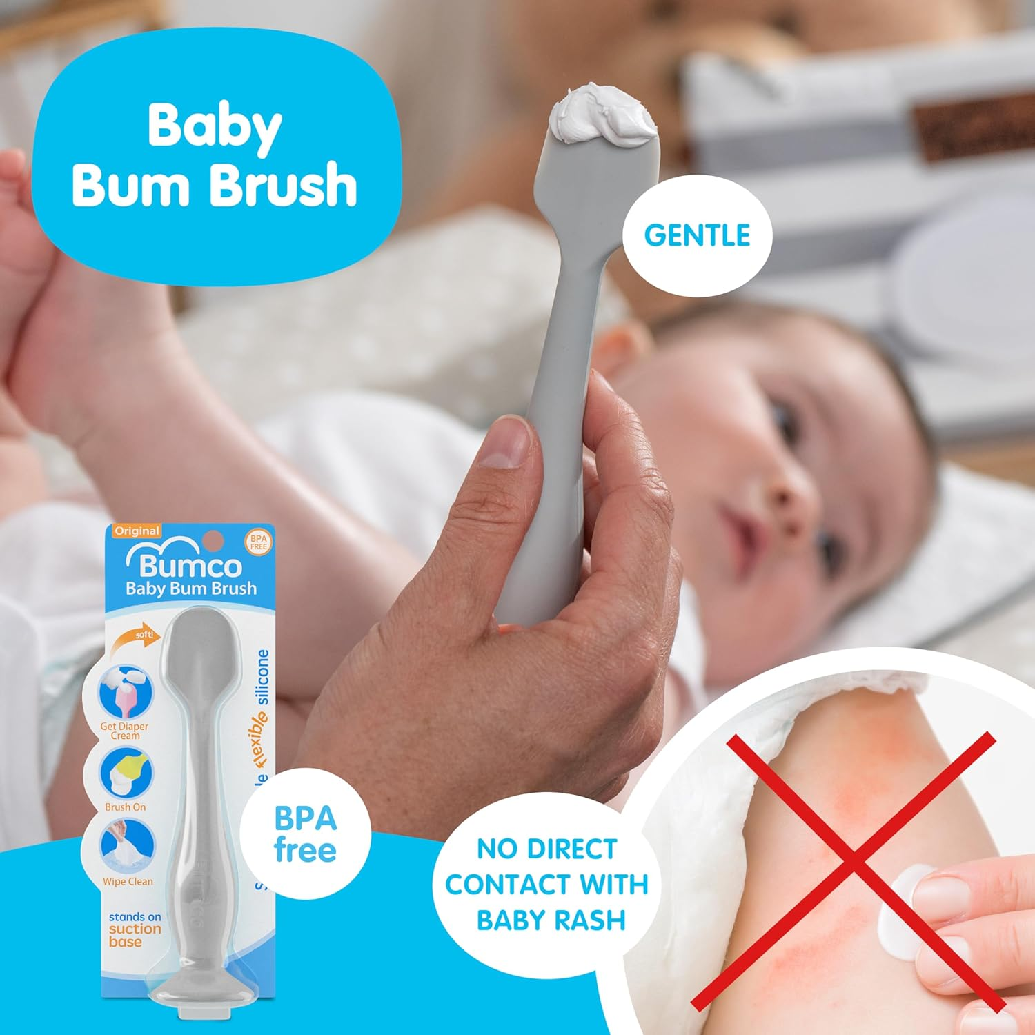 Bumco Baby Gift Basket - Personalized Diaper-Changing Baby Gift Set, Gender Neutral Baby Gift with 2 Baby Bum Brushes (Original & Mini) + Diaper Clutch Bag + Wipes Wristlet, Newborn Gift Set - Blue image number 4