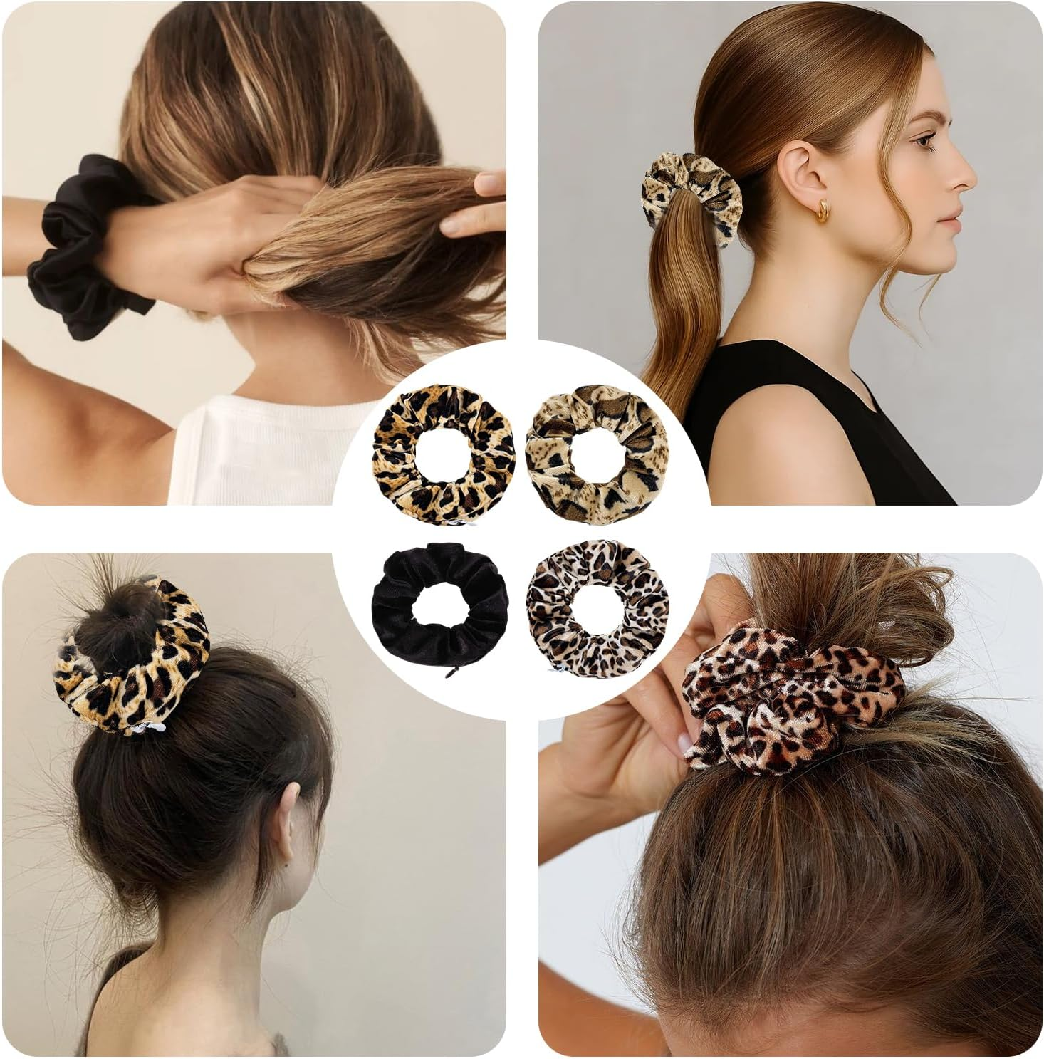 Pack of 4 Scrunchies with Zip, Hair Bobbles for Women, Leopard Pattern, Scrunchies, Velvet Travel Gadgets for Women, Money Hiding Place for Hiding, Secret Hiding Place for Valuables image number 1