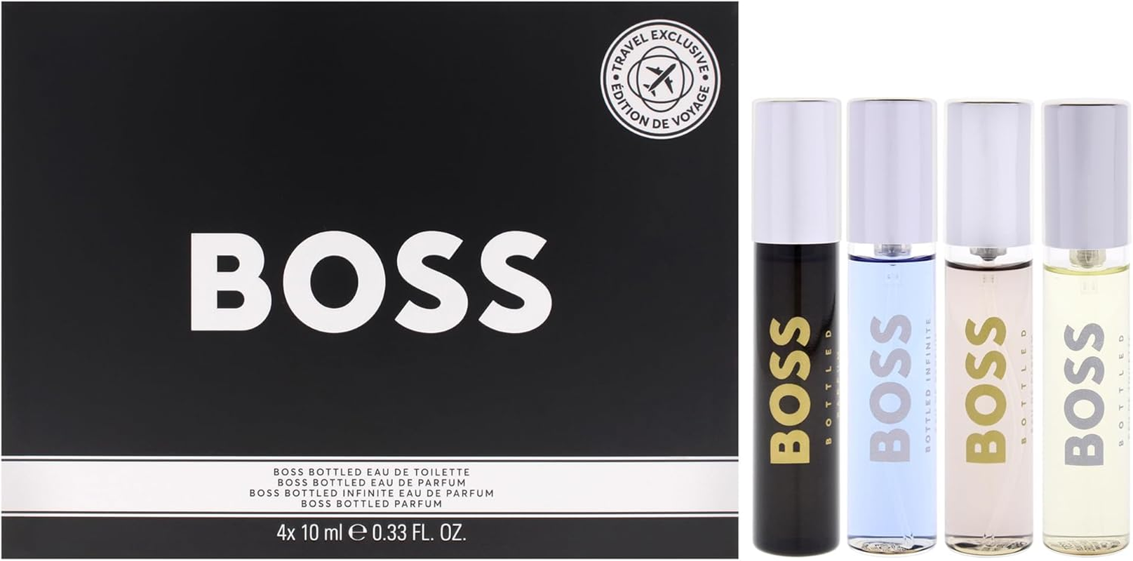Boss Bottled by Hugo Boss for Men - 4 Pc Mini Gift Set 0.33Ozy, Infinite EDP Spray, 0.33Oz Bottled Parfum Spray