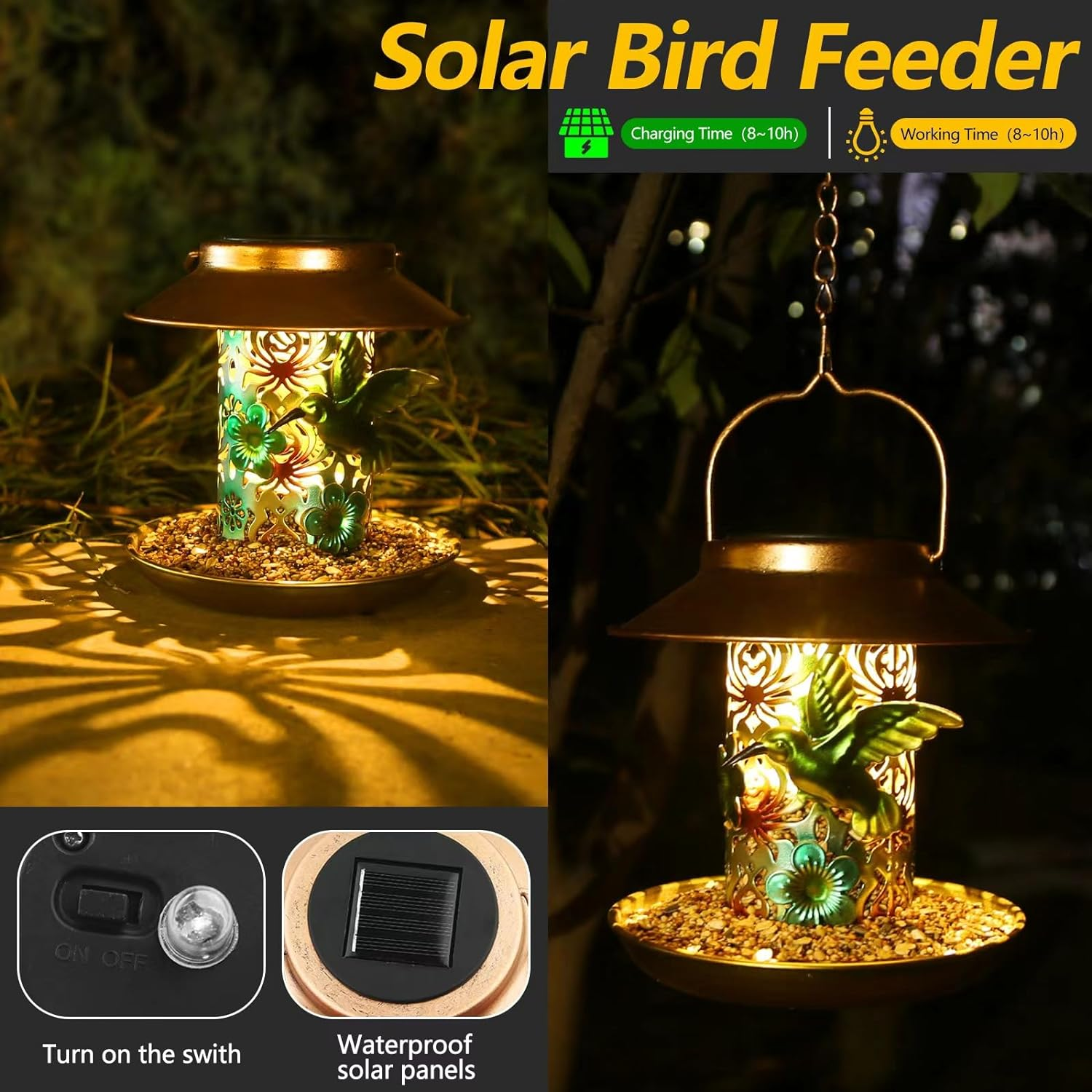 PENXUA Solar Bird Feeder for Outdoors Hunging, Gifts for Mom Grandma Women, Metal Waterproof outside Wild Bird Feeders,Cardinals Feeders, Gifts for Bird Lovers, Lantern Light, Garden Decoration image number 1