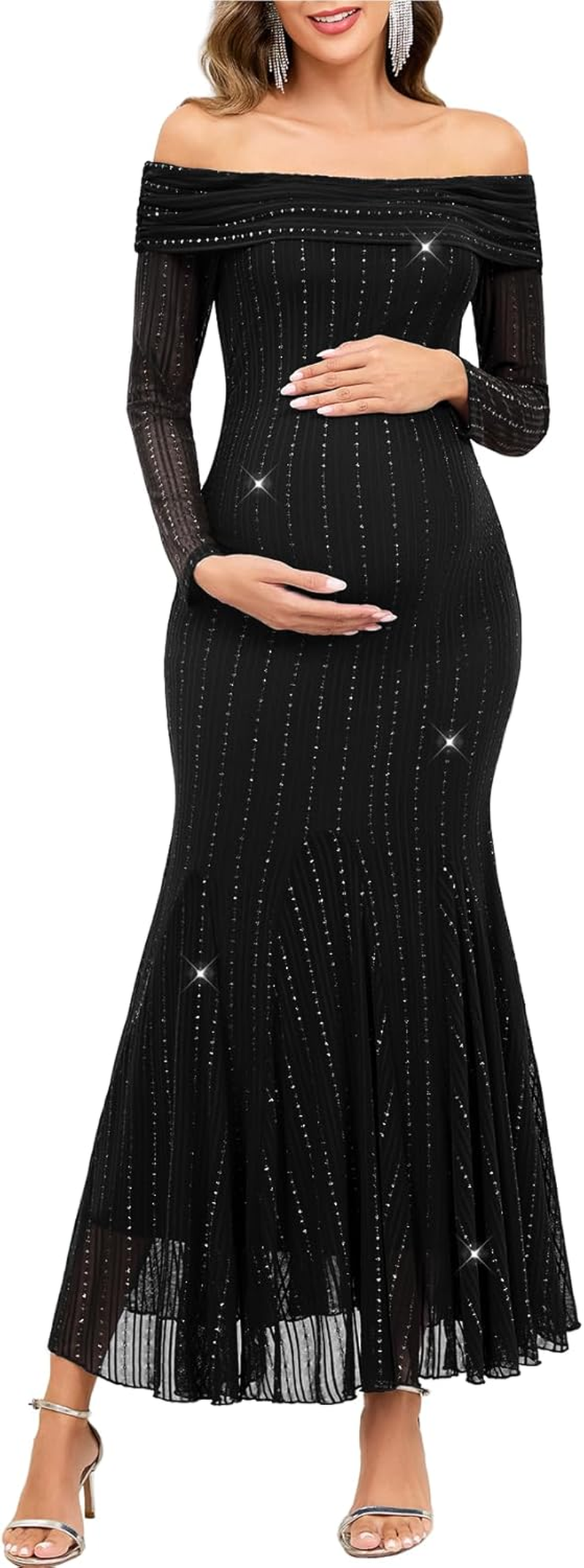 CYCLAMEN Sparkly Maternity Dress for Baby Shower off the Shoulder Long Sleeve Mermaid Pregnancy Gown with Flowy Tail Hem