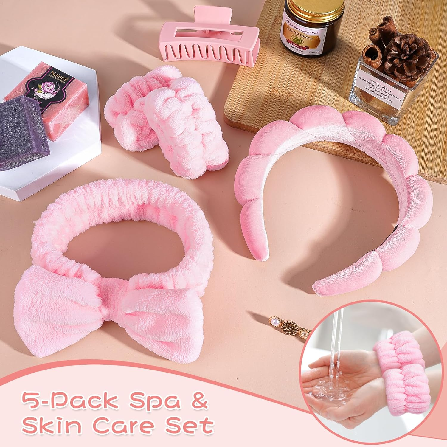 Leezmark 5 Pcs Spa Headband and Wristband Set, Skincare Headbands for Women, Bubble Spa Headband for Washing Face, Terry Cloth Headbands for Girls, Soft Velvet Makeup Headband Hair Accessories, Pink - Blue image number 3