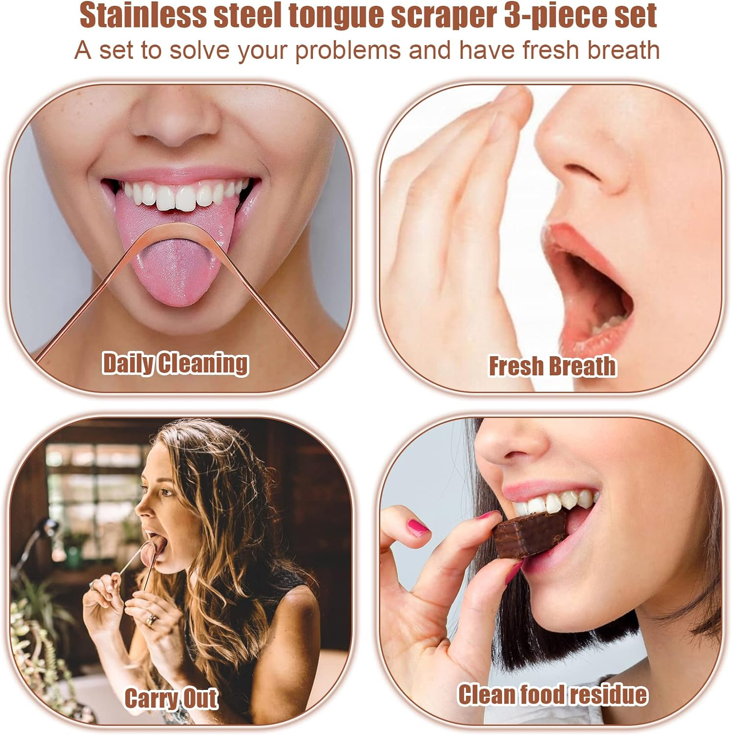 Tongue Scraper, 3 Pcs Stainless Steel Tongue Cleaner, Tongue Scraper Tools for Adults Kids Healthy Oral Carescrapers Fresher Breath in Seconds (Rose Gold) image number 6