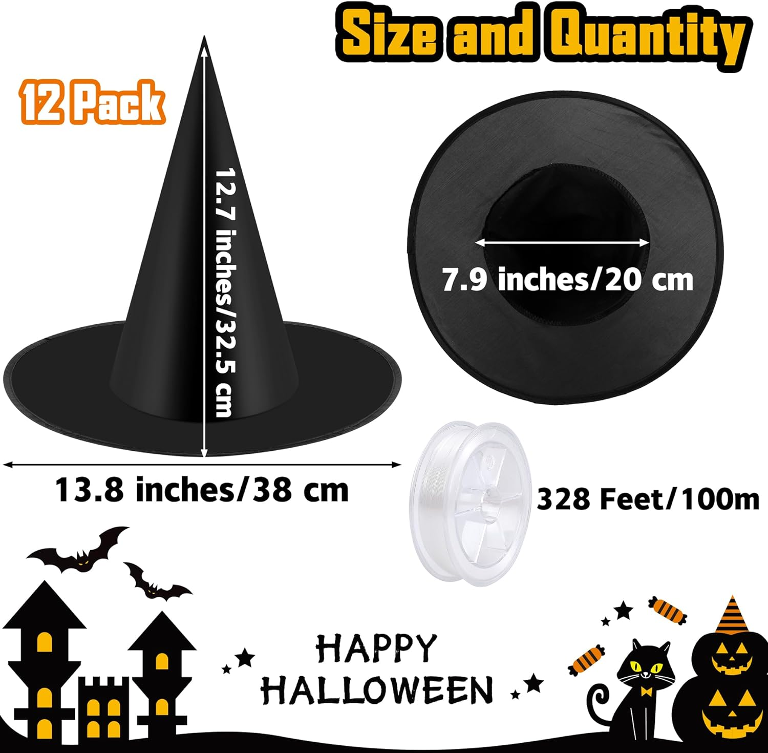 Elcoho 12 Pieces Halloween Costume Witch Hat with 100 Yards Hanging Rope for Halloween Yard Decoration image number 2