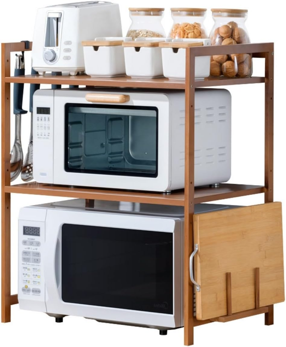 Kitment Microwave Shelf Microwave Stand, 3 Tier Bamboo Microwave Oven Rack with Board Rack, Kitchen Shelf Organiser with Adjustable Height and 4 Hooks image number 1