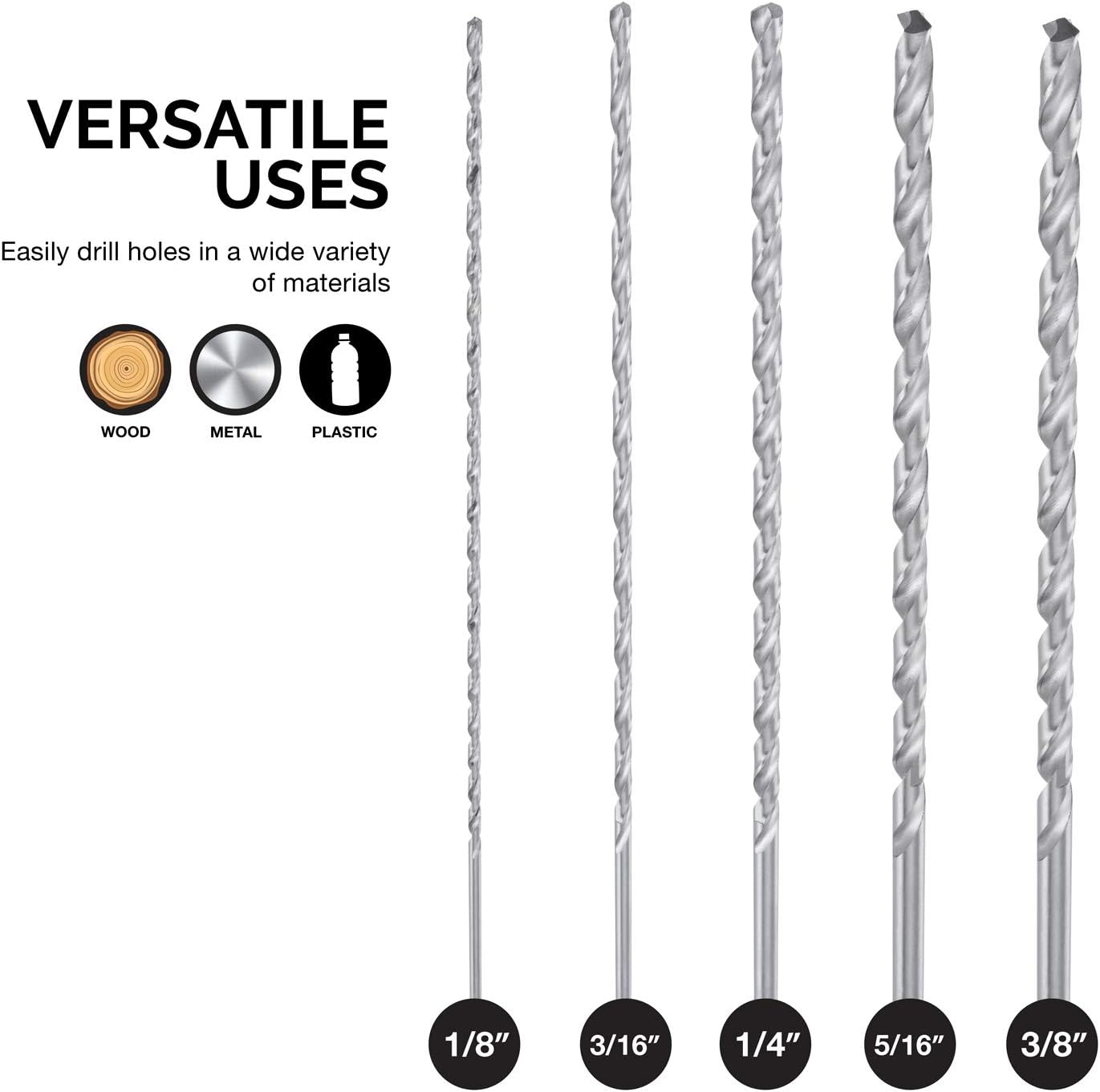 NEIKO 10047A Extra Long Drill Bit Set | 5-Piece | M2 HSS Steel | 12-Inch Length | 1/8, 3/16, 1/4, 5/16, and 3/8-Inch image number 4