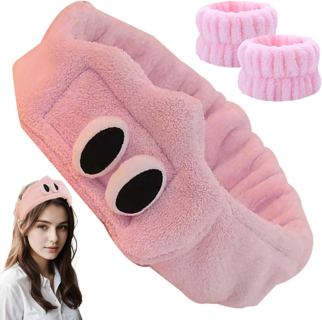 QOWIJEX Set of 3 Hair Band Cosmetic with Wrist Set Face Headband Wrist Wash Bands Set Soft Makeup Hair Band Elastic Wrist Sweatband for Women Girls (Pink) image number 1