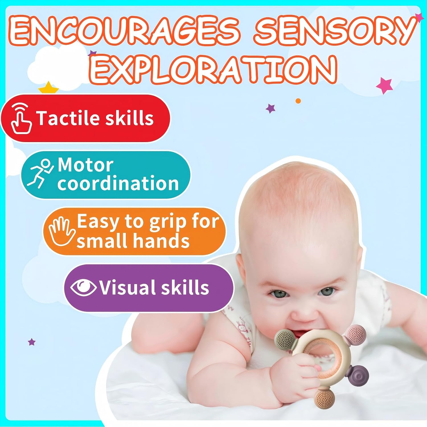 Baby Teething Toys, Silicone Rudder Toy with Wooden Rings for Soothing Teething Pain Relief, Grasping Ring Teething Toy, BPA Free Teething Newborn Accessories, for Lnfants & Toddlers 6+ Months