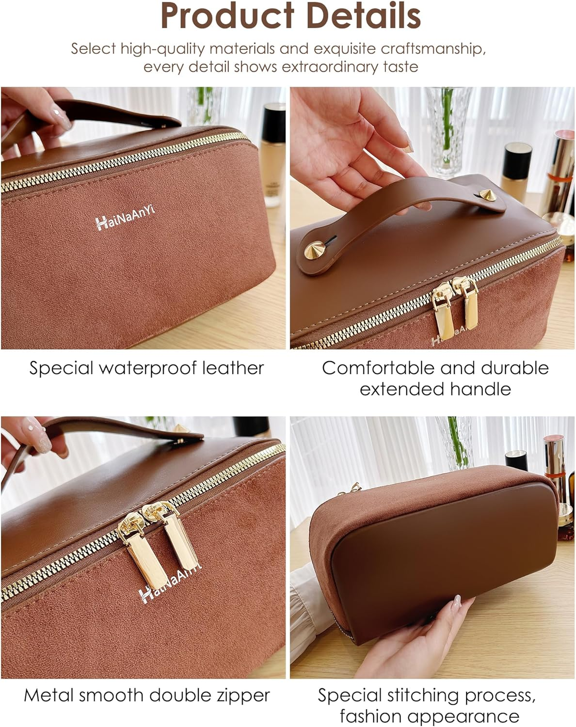 Travel Makeup Bag,Cosmetic Organizer Bag for Women,Large Capacity Make up Bag Waterproof PU Leather Makeup Organizer Bag Wide Open Portable Pouch with Dividers and Handle(B-Green) - A-Grey image number 4