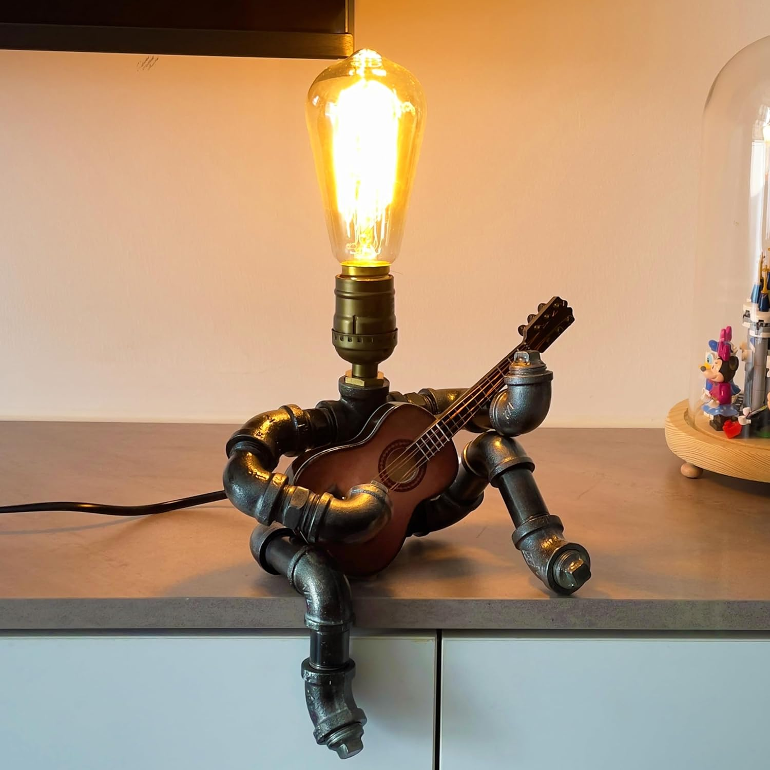 Fhomhair&Greine Music Guitar Table Lamp Art Decor, Cool Guitar Stuff Gifts for Men Music Lovers Guitar Players, Steampunk Pipe Man Edison Bulb Lamps, Retro Guitars Metal Pipe Industrial Robot Lights image number 4