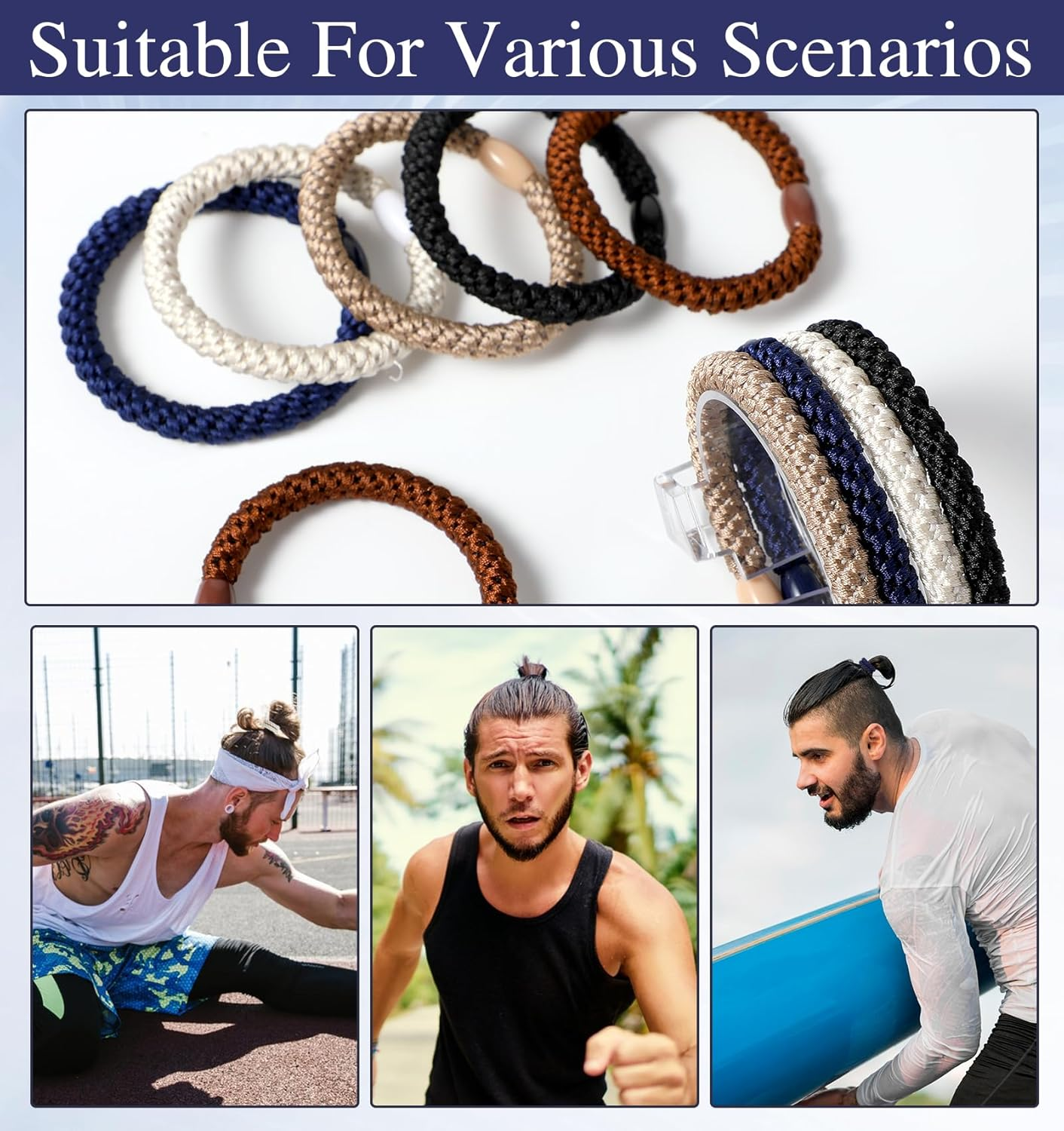 Pack of 10 Men'S Hair Ties, Nylon Fabric and Rubber Material for Strong Elasticity and Durability without Hair Breakage or Wrinkles, for Thick Curly and Short Hair in Various Colours image number 6