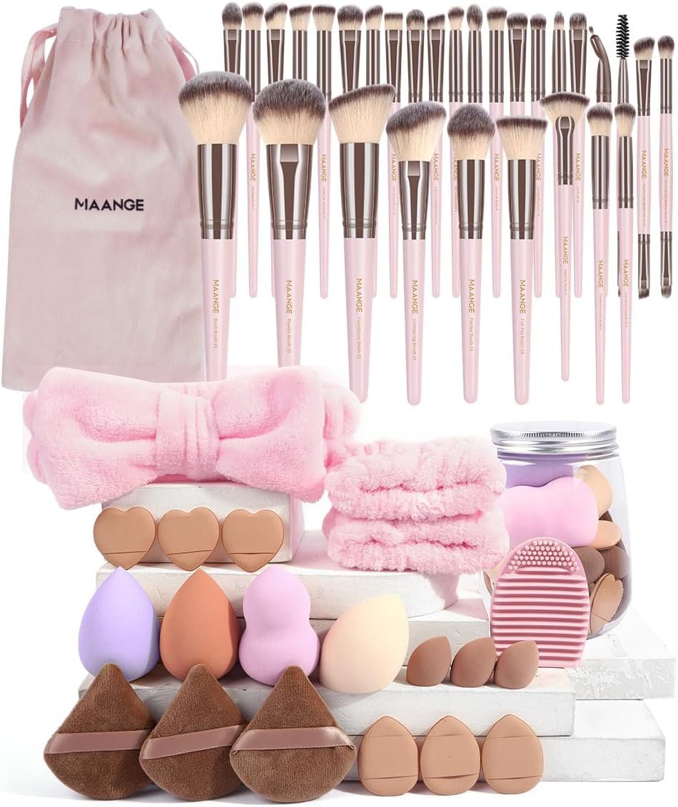 MAANGE Makeup Brush Set, 51 Pcs Makeup Tool Set Premium Synthetic Foundation Powder Makeup Brushes (Pink)