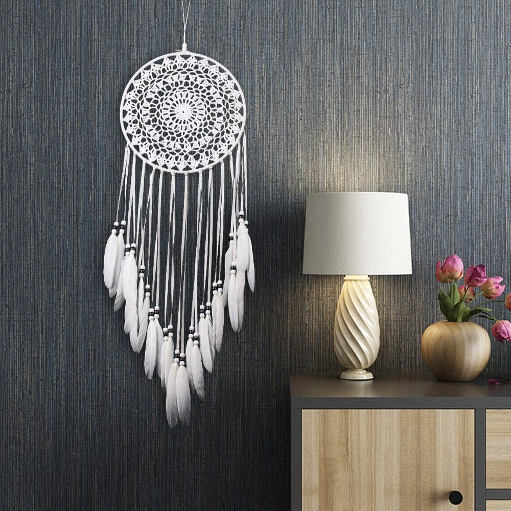 White Dream Catcher, Handmade Woven Dreamcatcher Art Ornament with Feather Tassels, Wall Hanging Dream Catcher for Bedroom Wedding Decoration image number 3