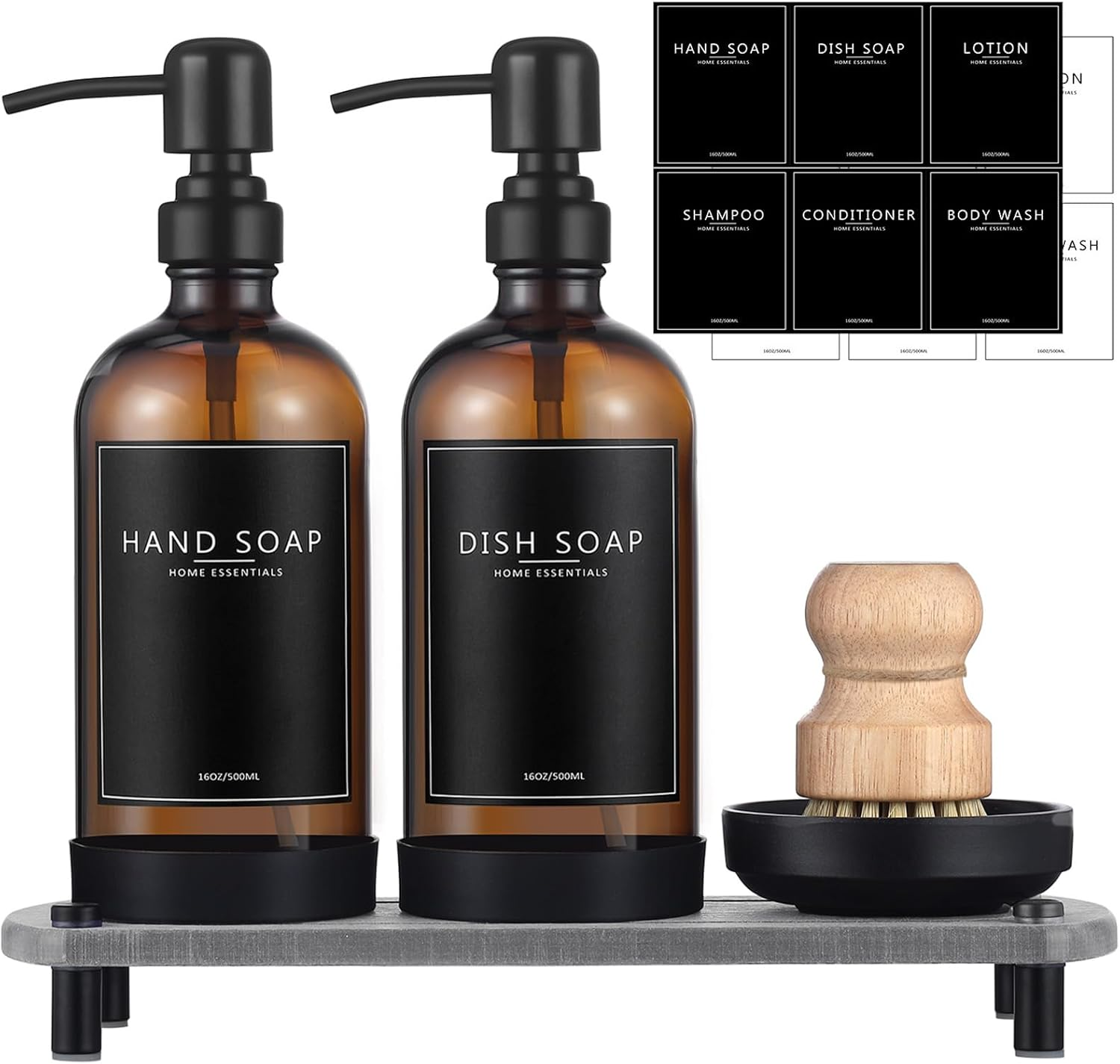 NEECZS Kitchen Soap Dispenser Set with Instant Dry Tray,16 Oz Hand and Dish Soap Black Glass Dispenser Set,Stainless Steel Pump,Waterproof Labels&Dish Brush,Luxury Soap Bottle for Kitchen,Bathroom