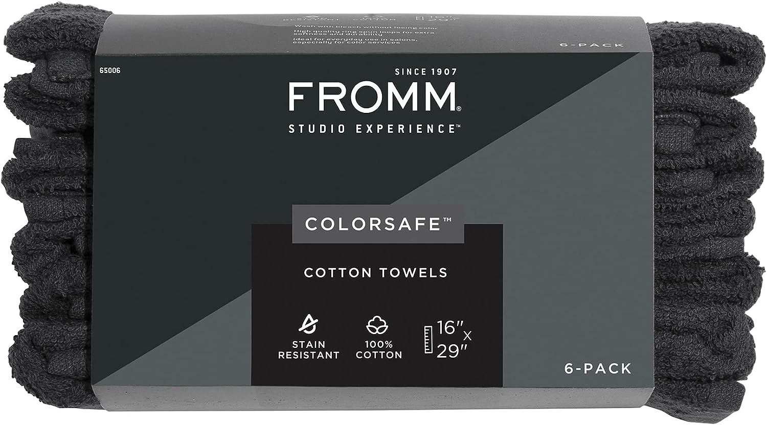 Fromm Colorsafe 100% Cotton Bleach Proof Salon Hair Towels for Hairstylists, Barbers, Spa, Gym in Black, 16" by 29", 6 Count Absorbent Stain Resistant Towels for Drying Curly, Long, Wavy Hair