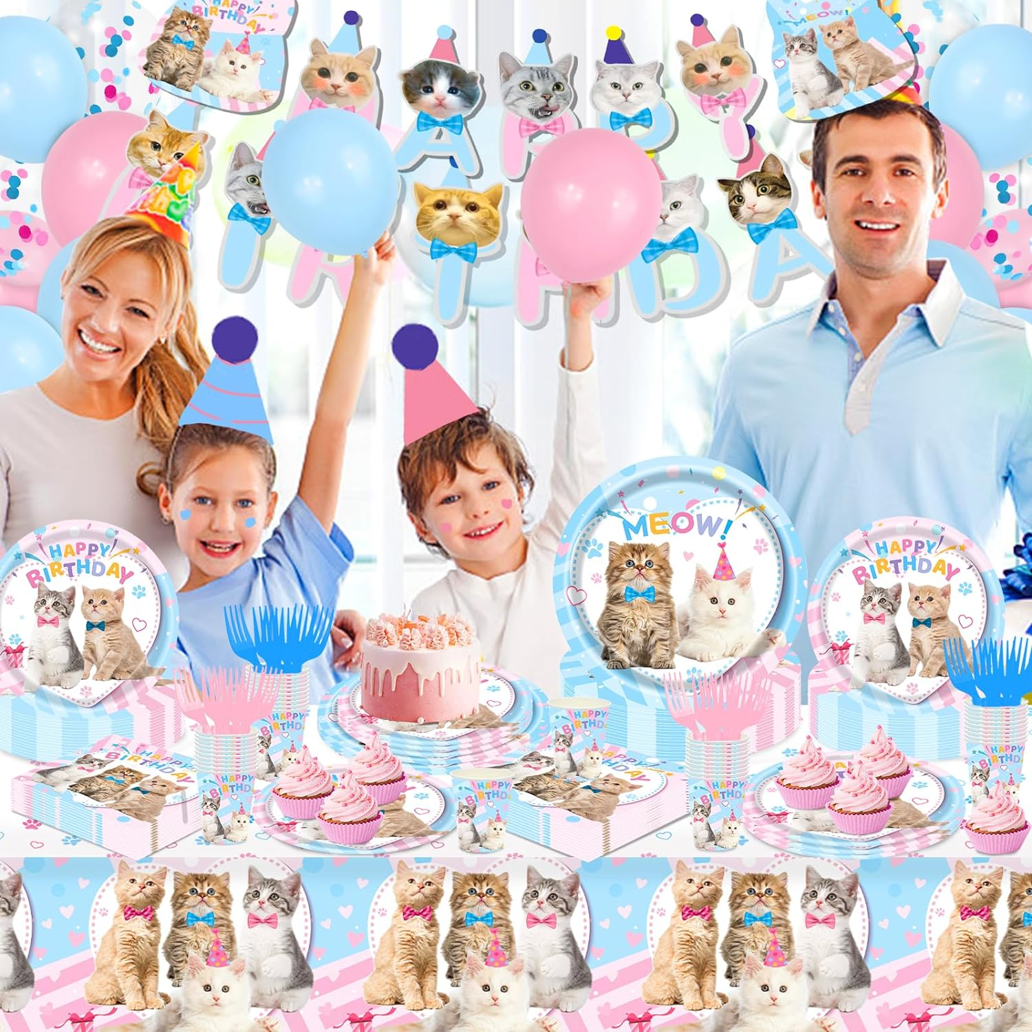 146Pcs Cat Birthday Party Supplies-Serves 24, Cat Party Decorations Kitten Disposable Tableware with Cat Party Plates Cups Napkins Tablecloth Balloons for Kitten Birthday Party Decorations Supplies image number 2