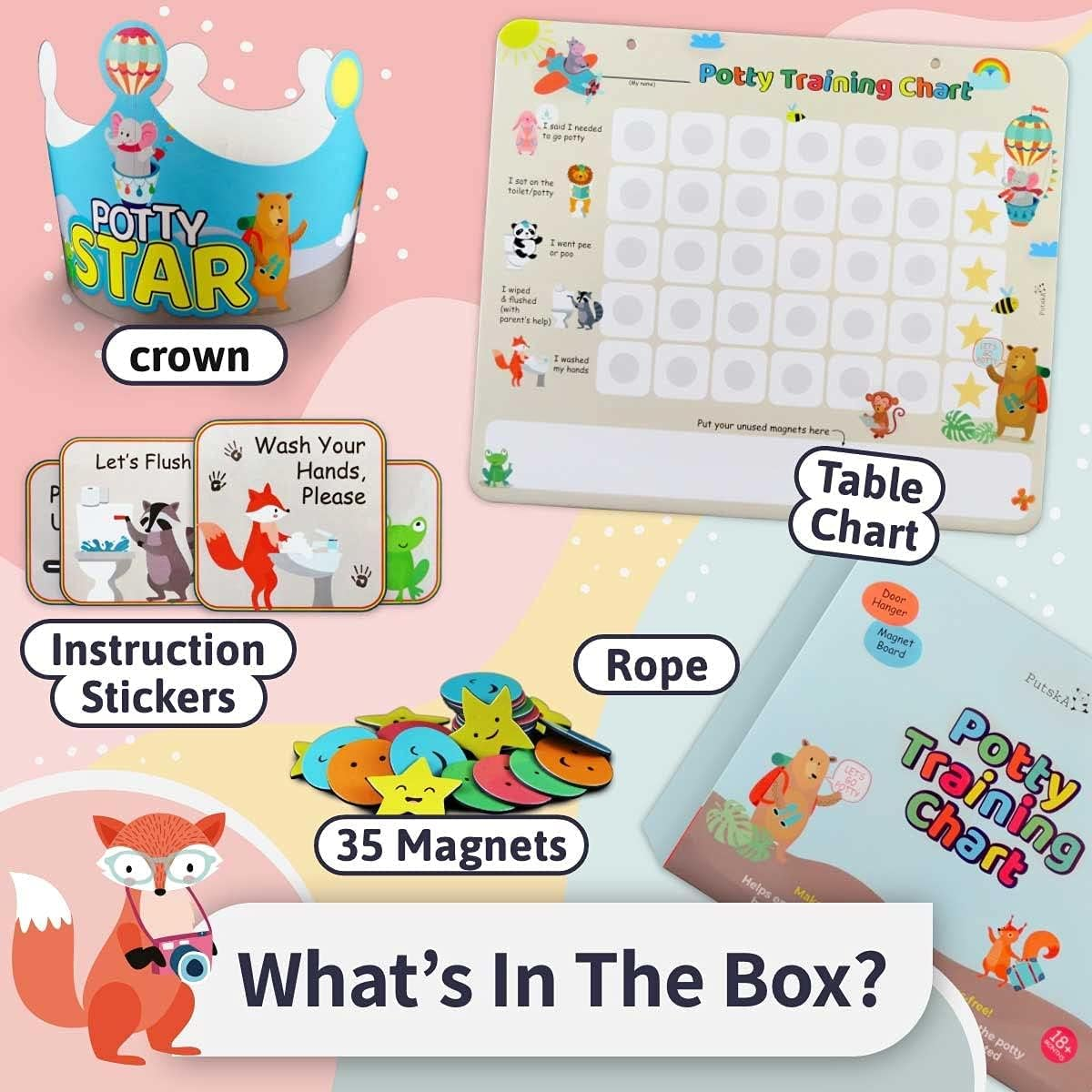 Potty Training Chart with 35 Stickers, 3 Reminder Stickers and Crown for Toddlers Boys and Girls - Potty Training Rewards for Kids - Zoo Animal image number 1