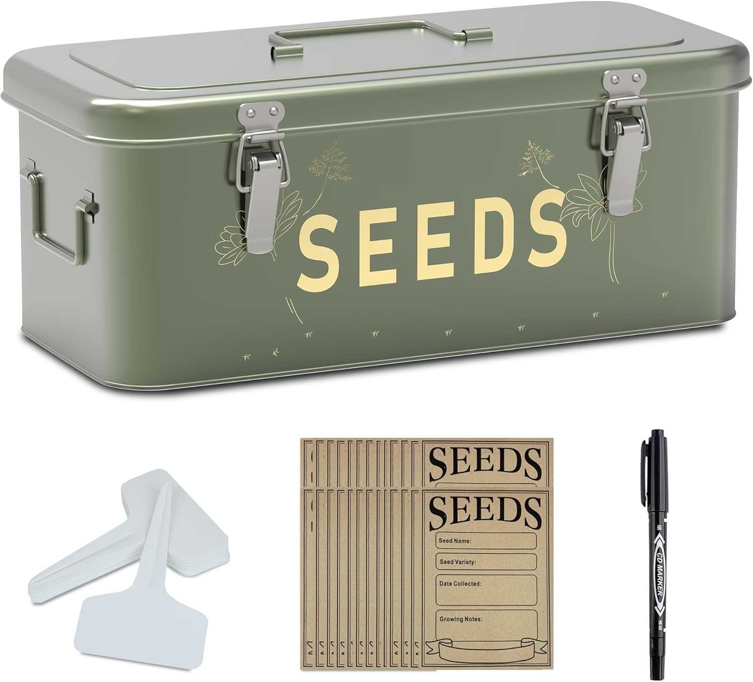 Orionstar Seed Storage Organizer, Metal Seed Saving Box with Lid, Seed Bin with 30 Plant Labels 30 Seed Envelopes 1 Marker Pens, 4 Compartments Box with Safety Locks, Blackish Green image number 5