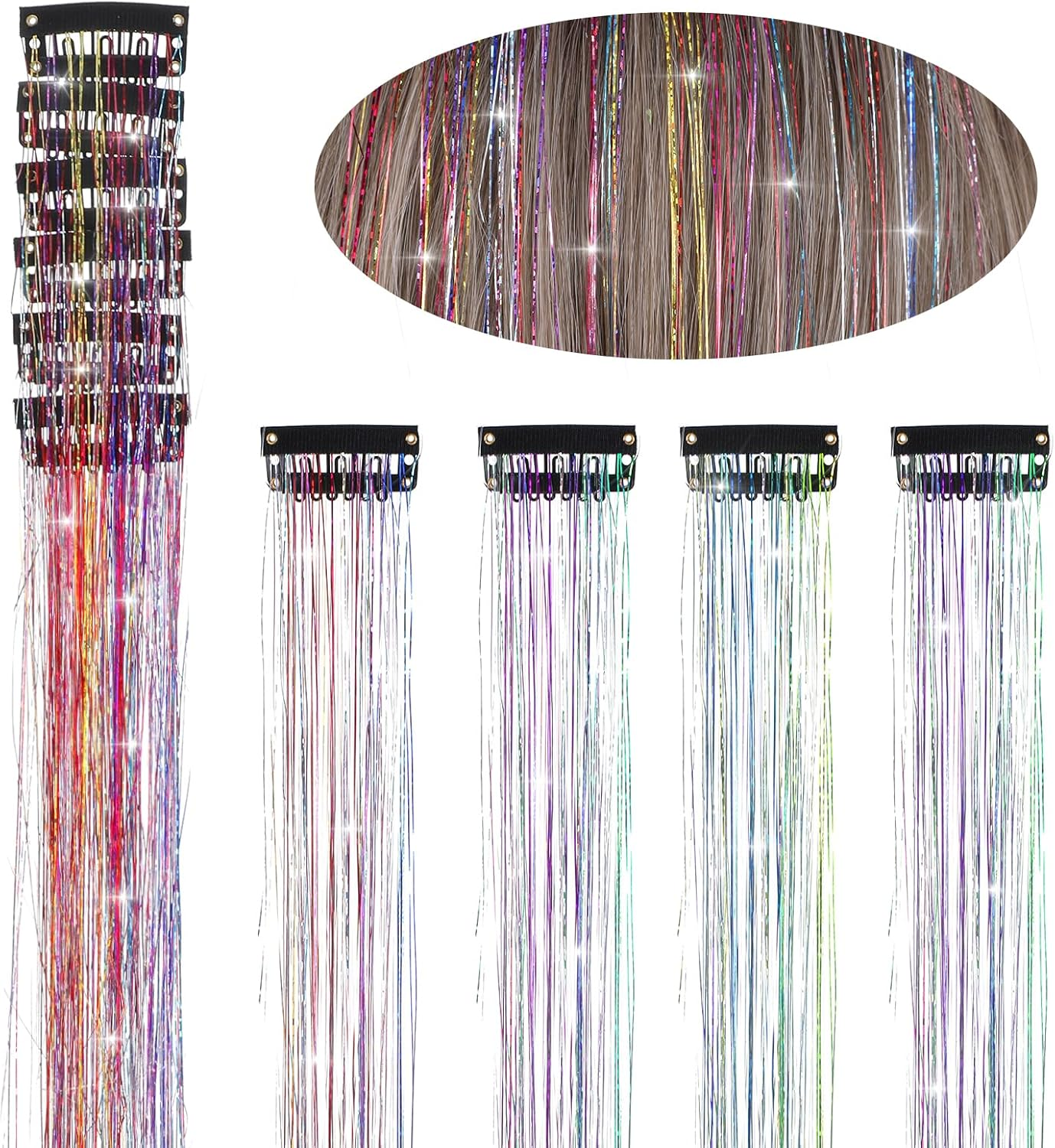 Hair Tinsel 12Pcs Tinsel Hair Extensions 20 Inch Clip in Glitter Hair Extension Colorful Hair Tinsel Hair Glitter Strands Tinsel Kit Hair Accessories for Women Girls Cosplay Halloween Party Festival