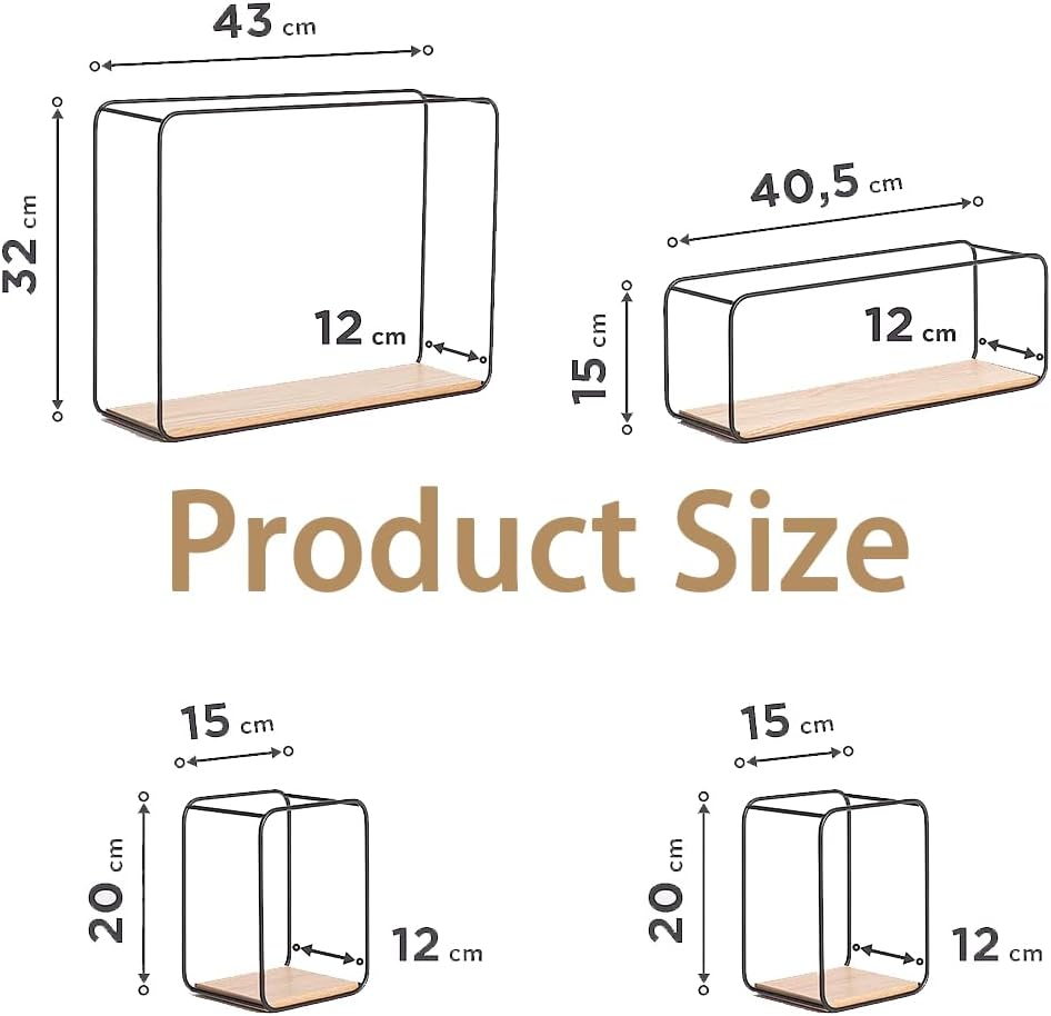 Wall Shelves, 4-Part Shelving Unit Made of Metal and Real Wood Veneer, Wall Decor, Storage and Book Shelf for Bathroom, Living Room, Kitchen, Bedroom and More, Black image number 1