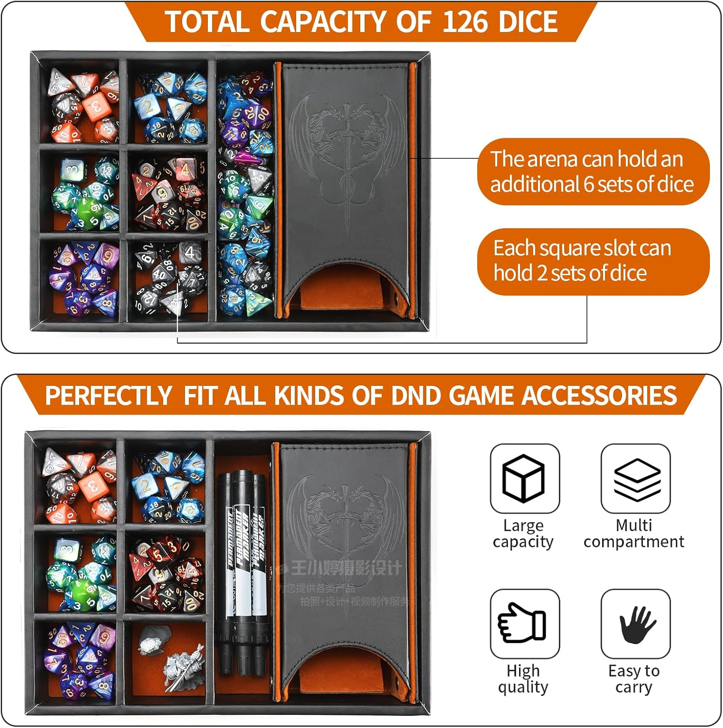 DND Dice Tray and Dice Tower with Storage, 3 in 1 Dice Rolling Tray with Lid, Portable Dice Box Storage, DND Dice Holder for Dungeons and Dragons D&D RPG MTG Table Games - Brown image number 2