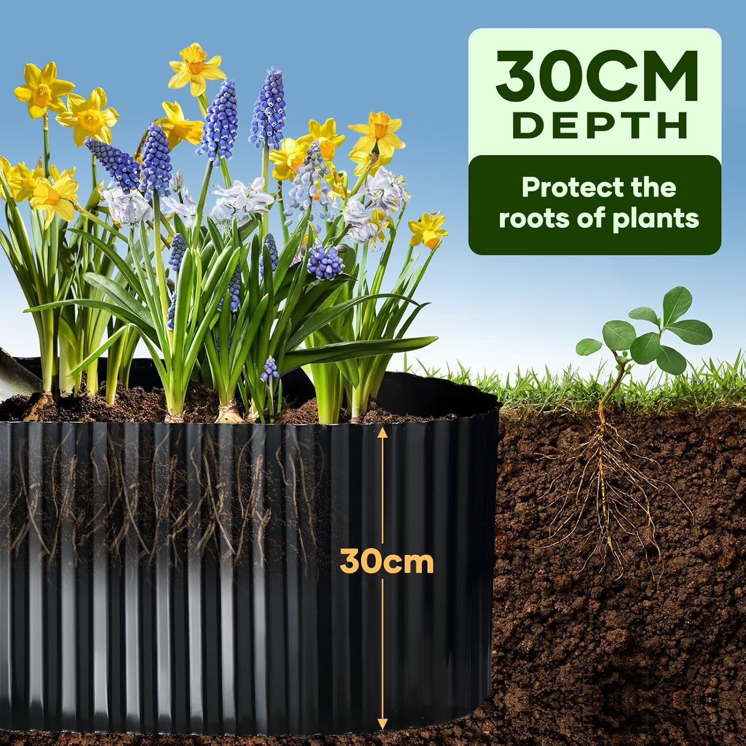 OGL Garden Edging Landscape Edge 10Mx30Cm DIY Lawn Border for Flower Plant Grass Path Fence Flexible Corrugated UV Resistant Carbon Steel Roll Kit,Black