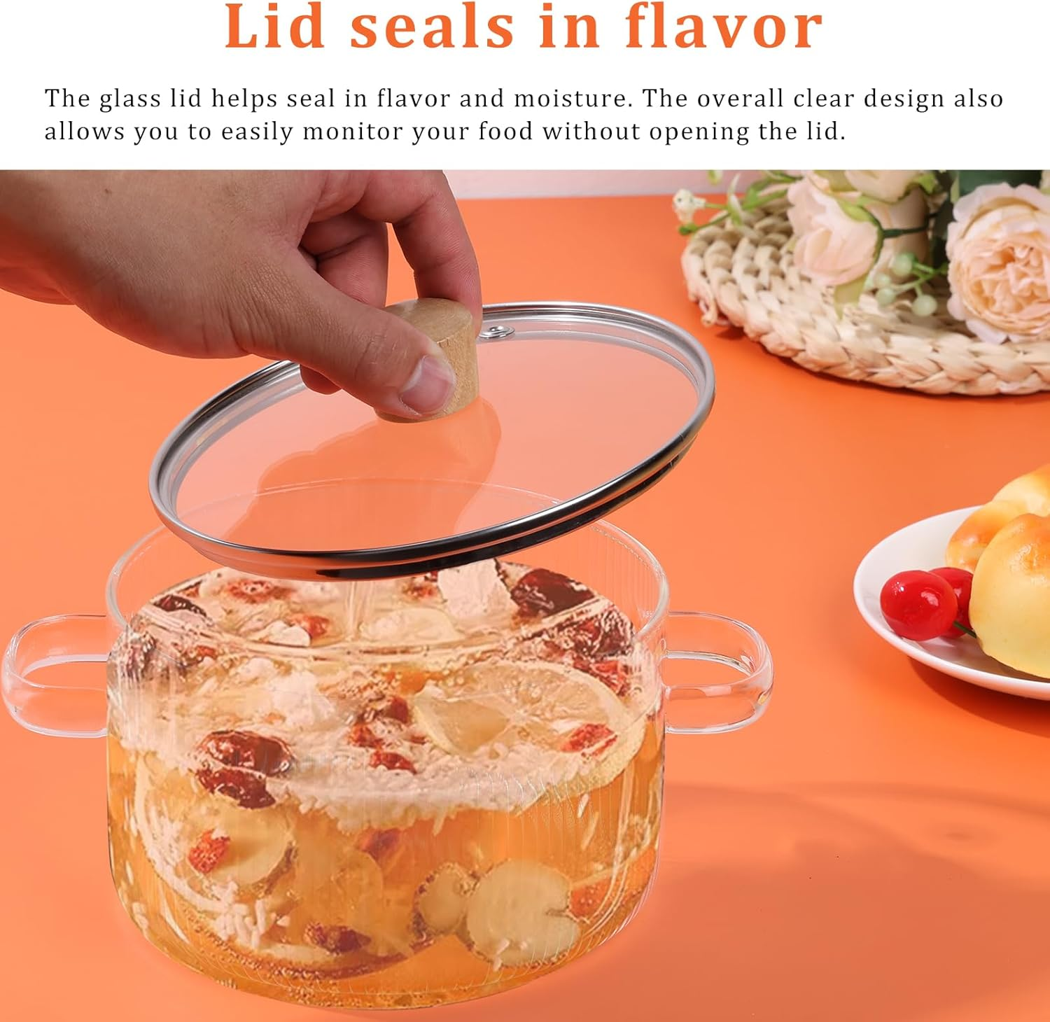 Glass Saucepan with Lid, 1.6L/54Oz Heat Resistant Stovetop Pot with Handles Non-Stick Borosilicate Glass Stovetop Soup Pot Clear Cooking Pot Safe Cooking Pot for Soup Milk Sauce Pasta image number 4