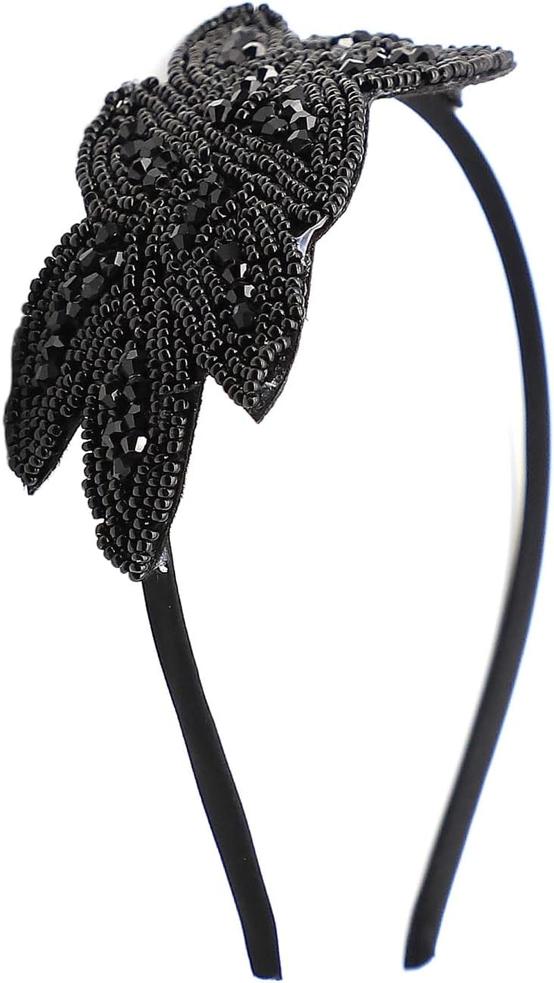 Dohia 1920S Headbands for Women 1920S Flapper Headbands Vintage Headpiece Rhinestone Beaded Leaf Hairband Hair Accessory D2-FGSJFG (Black) image number 2