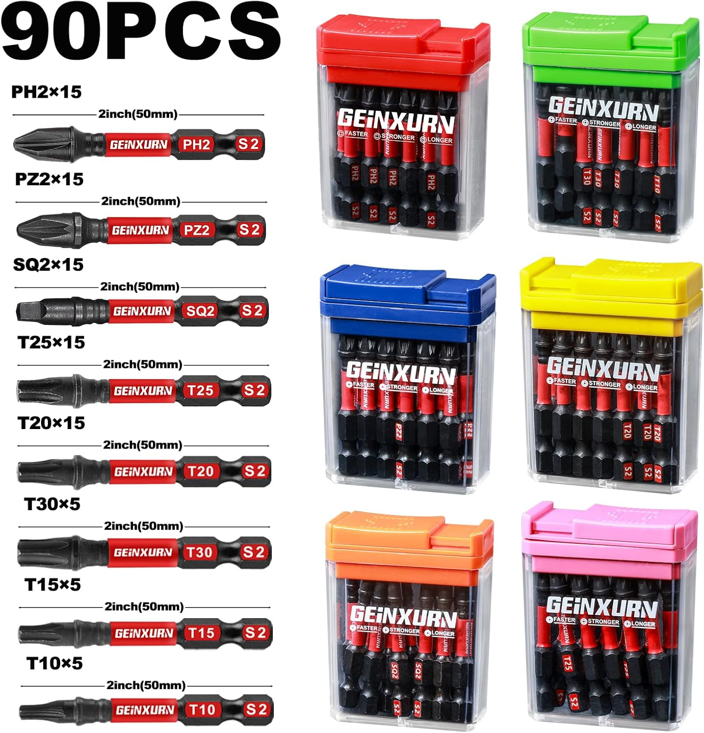 Geinxurn 90 Pieces Impact Screwdriver Bits Set with Colorful Boxes, 2" Magnetic (PH2,PZ2,SQ2,T10,T15,T20,T25,T30) S2 Steel Multi Driver Bits image number 5