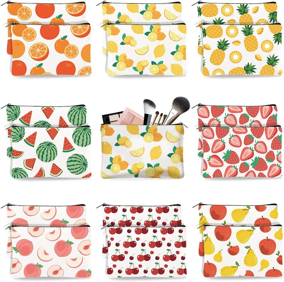 Doodlream 16Pcs Canvas Fruits Makeup Bag, 23 X 15 Cm Oranges Lemons Pineapples Cosmetic Bags Travel Organizer Portable Accessories with Zipper, Toiletry Large Capacity, Purse Organizer Pouches